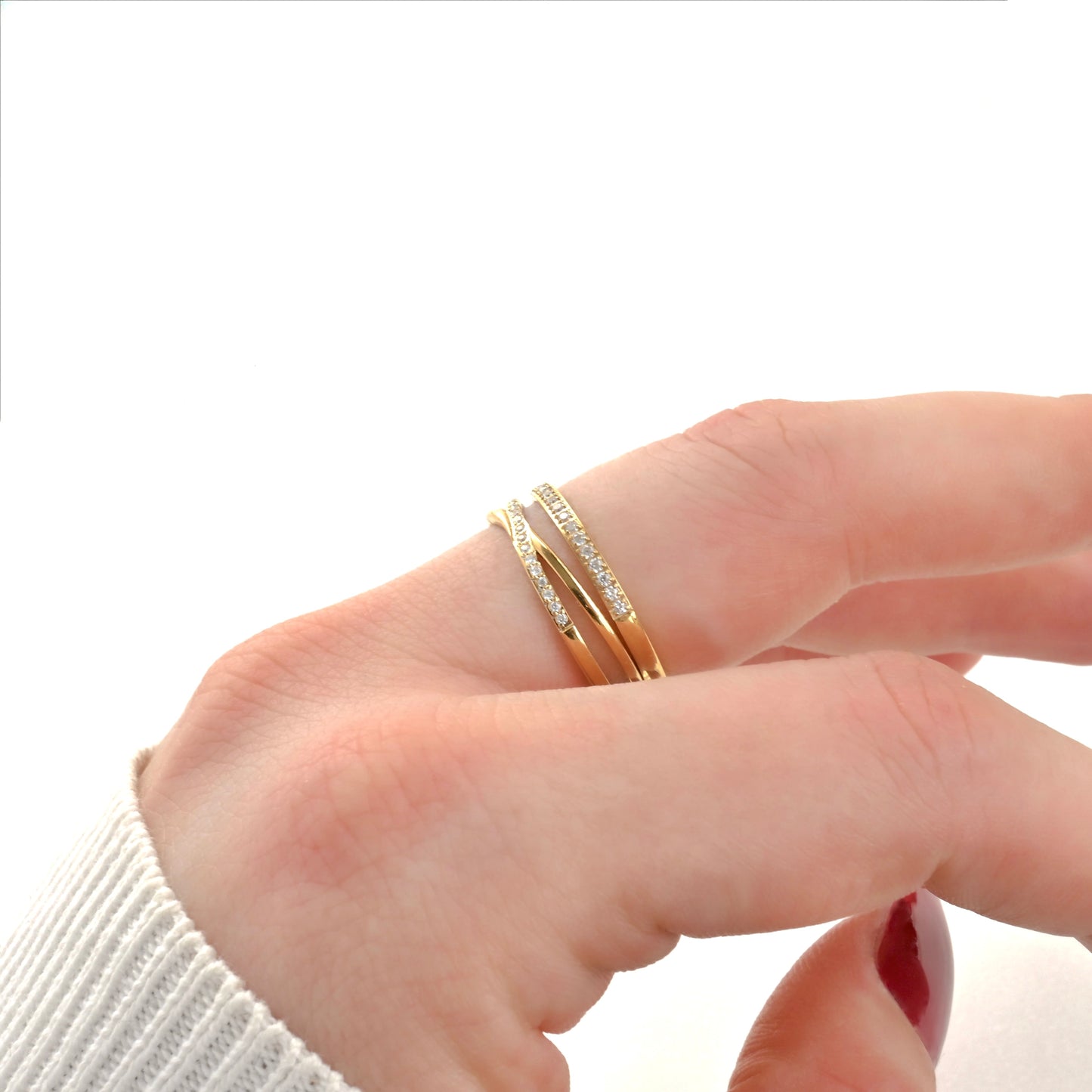 Diamond Stacker Ring Set, Gold Crossover and Straight Pavé Bands, Tarnish-free