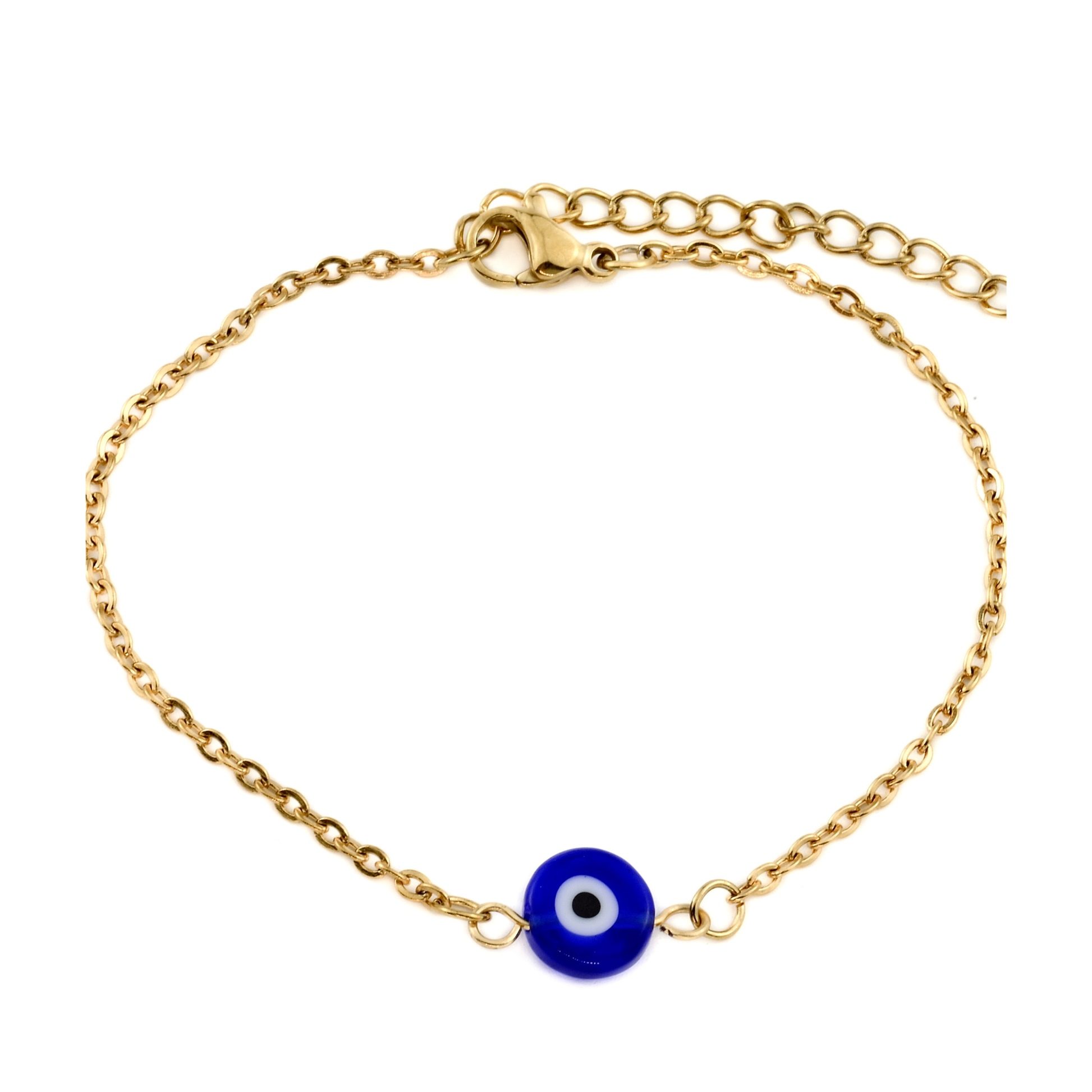 Gold bracelet with a blue evil eye charm on a white background