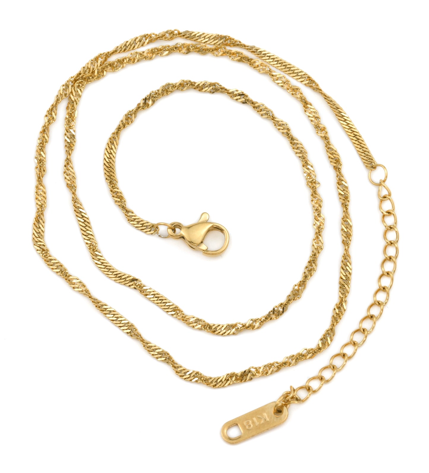 Gold twisted chain necklace on a white background with a lobster clasp and K18 plating stamp on a small rectangular tag at the end.