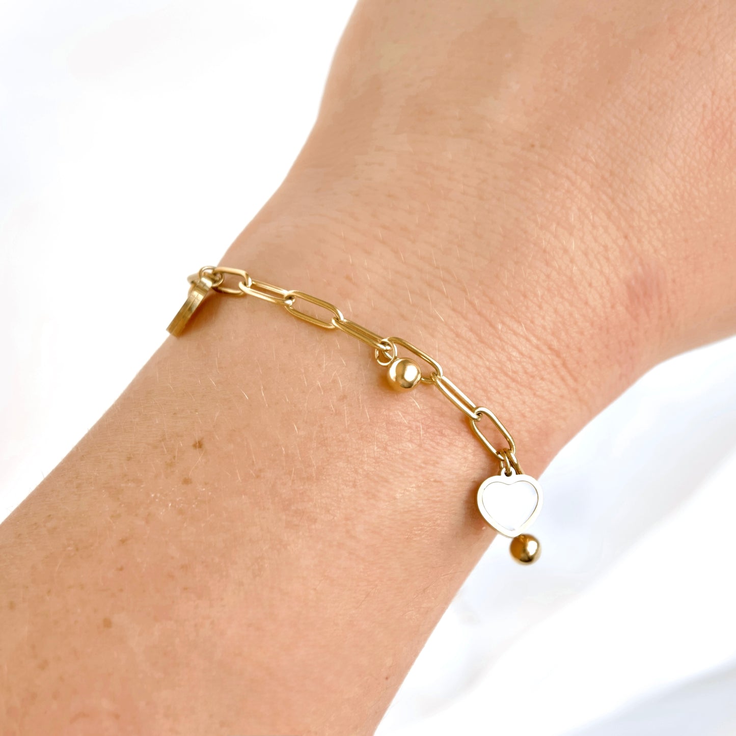 Gold Shell Inlay Paperclip Heart Bracelet - Stainless Steel