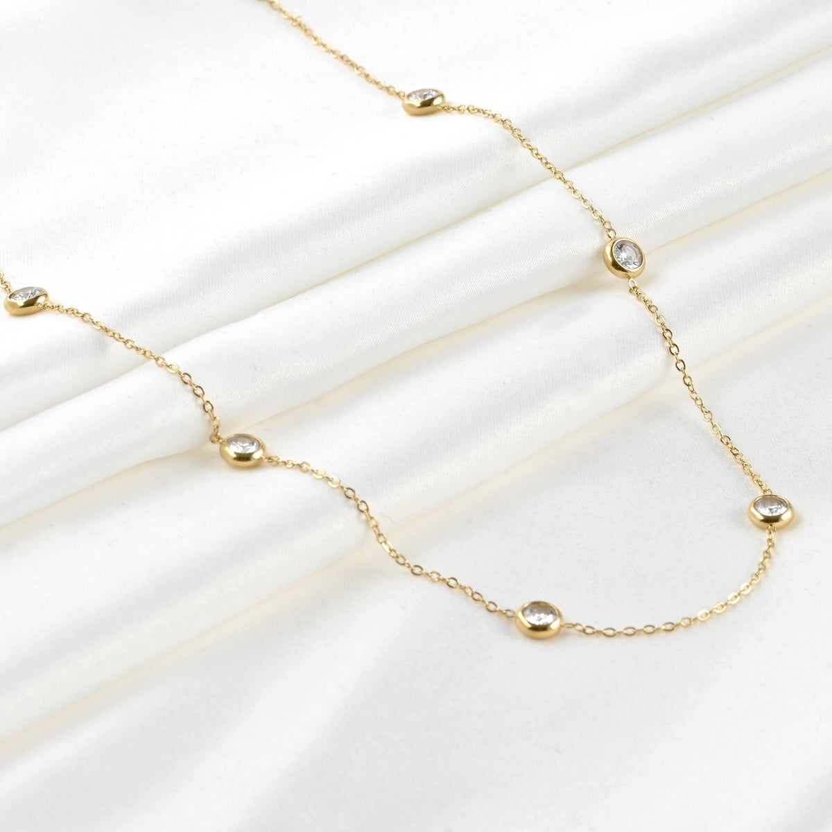 Gold Bezel Station Necklace - Stainless Steel - 18"