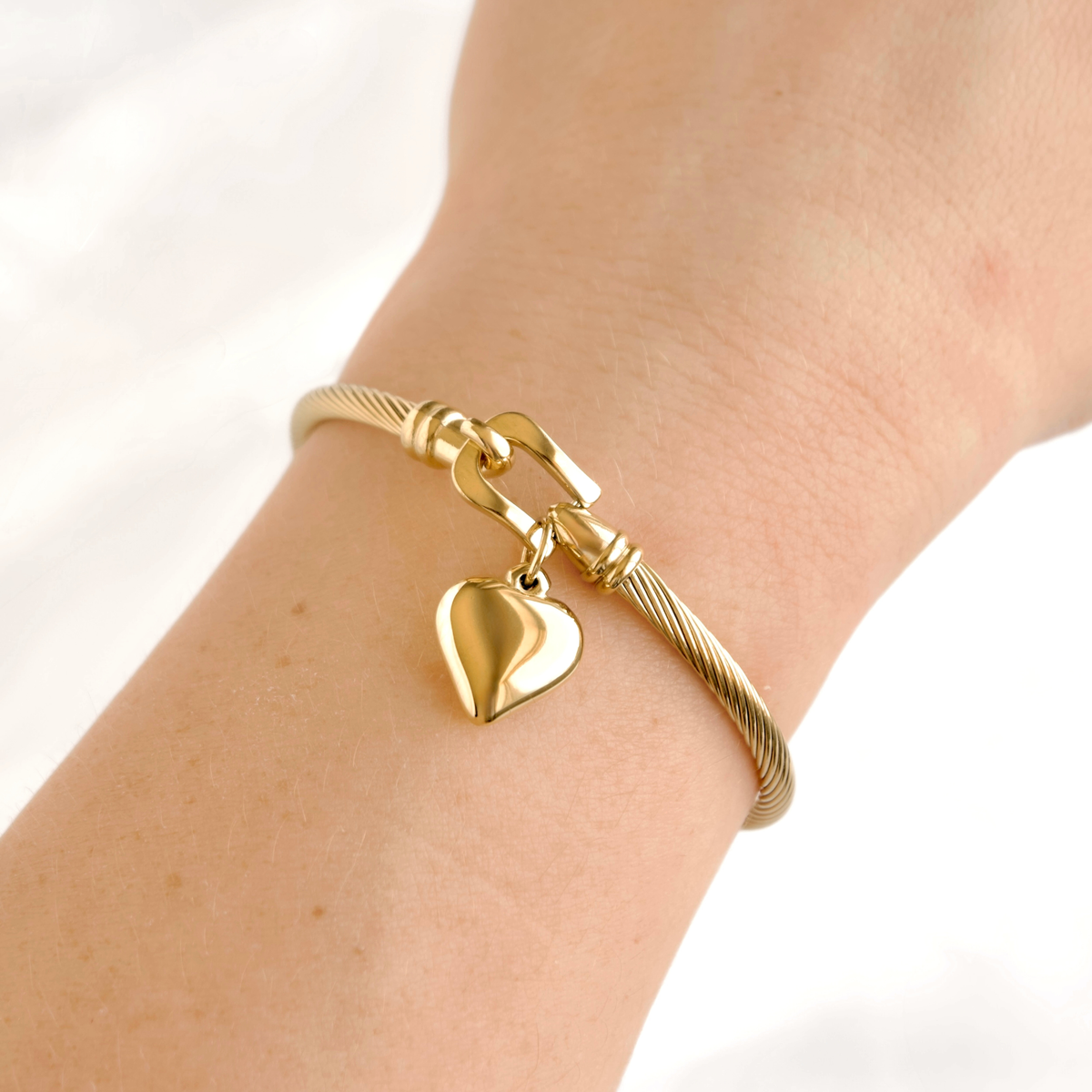 Gold Puffy Heart Rope Bangle - Waterproof Stainless Steel