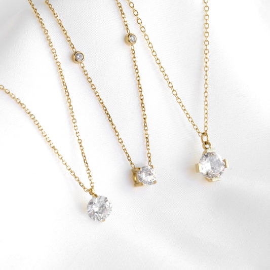 Round Solitaire Cubic Zirconia Necklace - Stainless Steel