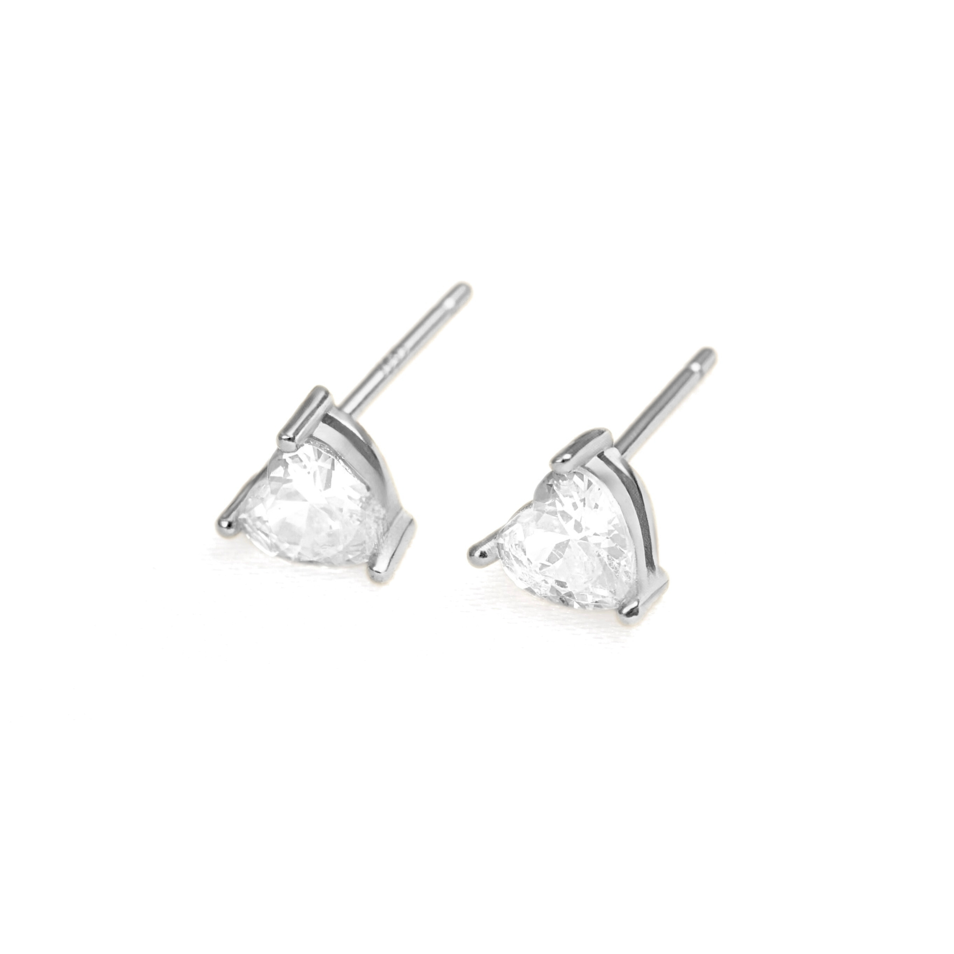 A pair of silver stud earrings with triangular clear gemstones, shown on a plain white background.