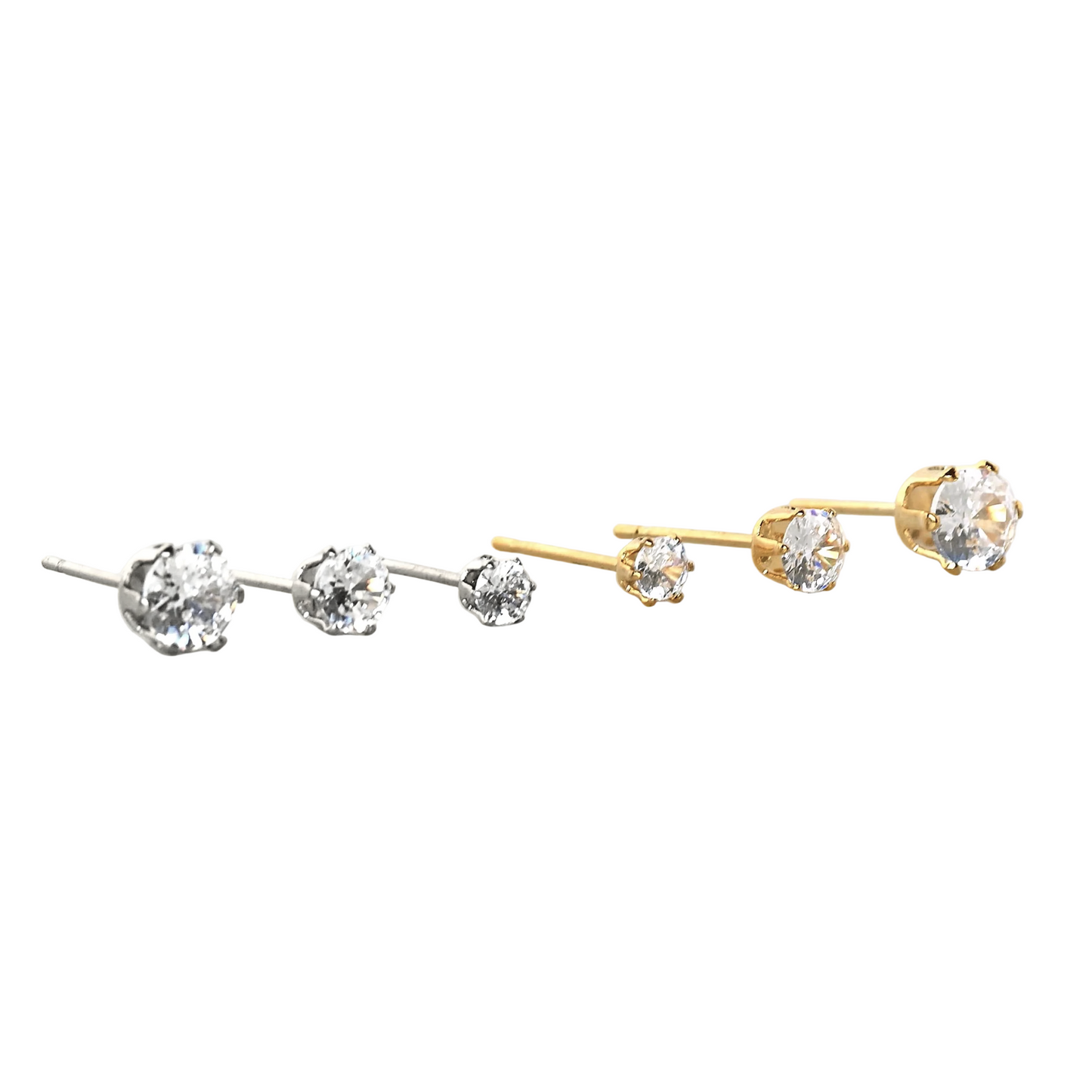 Classic gold and silver CZ stud earrings of different sizes on a white background