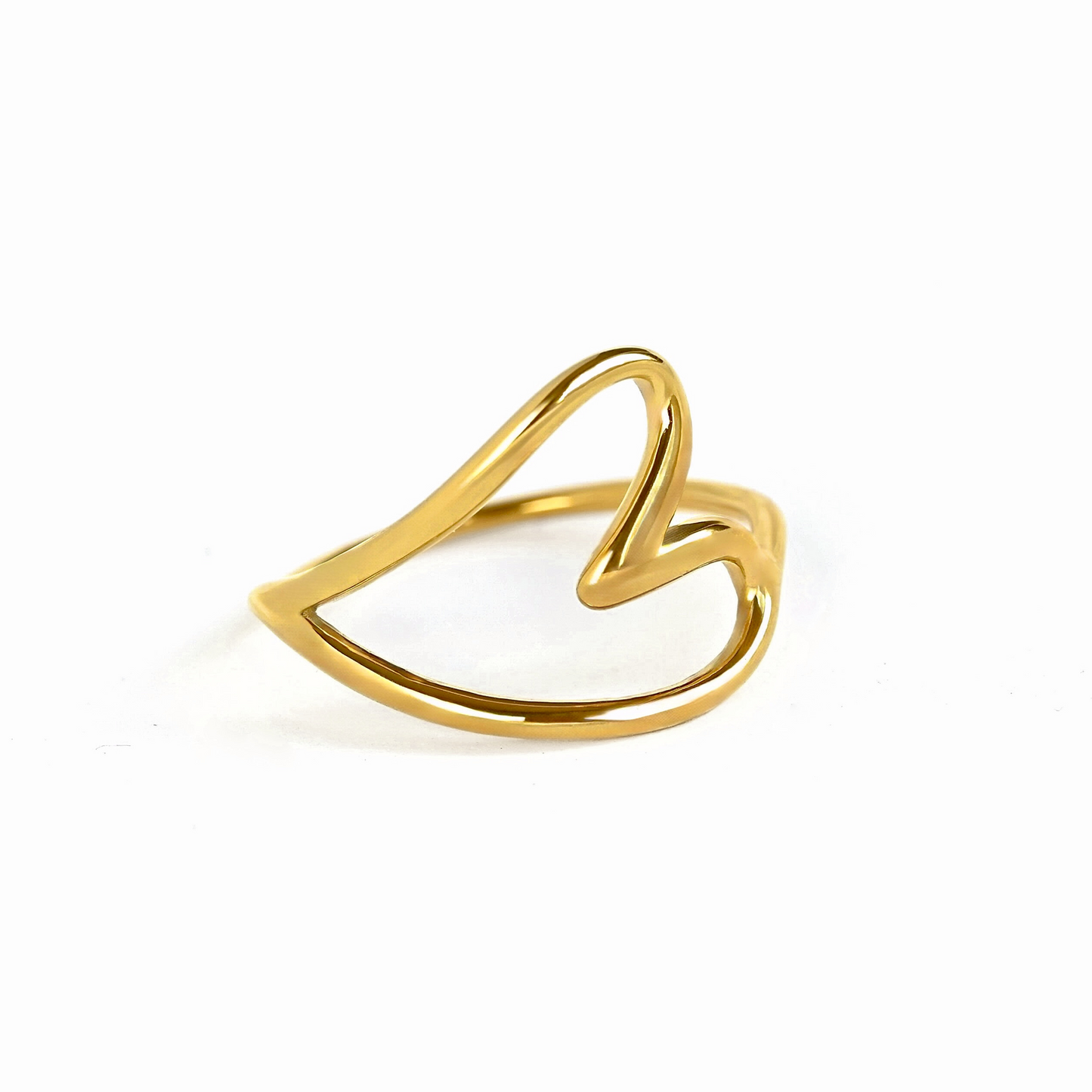A minimalist gold open ring designed in the shape of a stylized heart, shown on a plain white background.