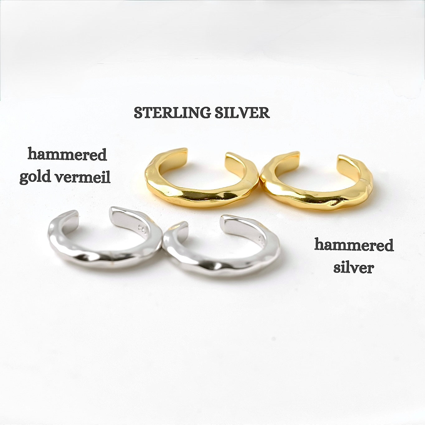 Two pairs of dainty gold and silver ear cuffs  earrings labeled 'sterling silver', 'hammered gold vermeil', and 'hammered silver' on a white background.