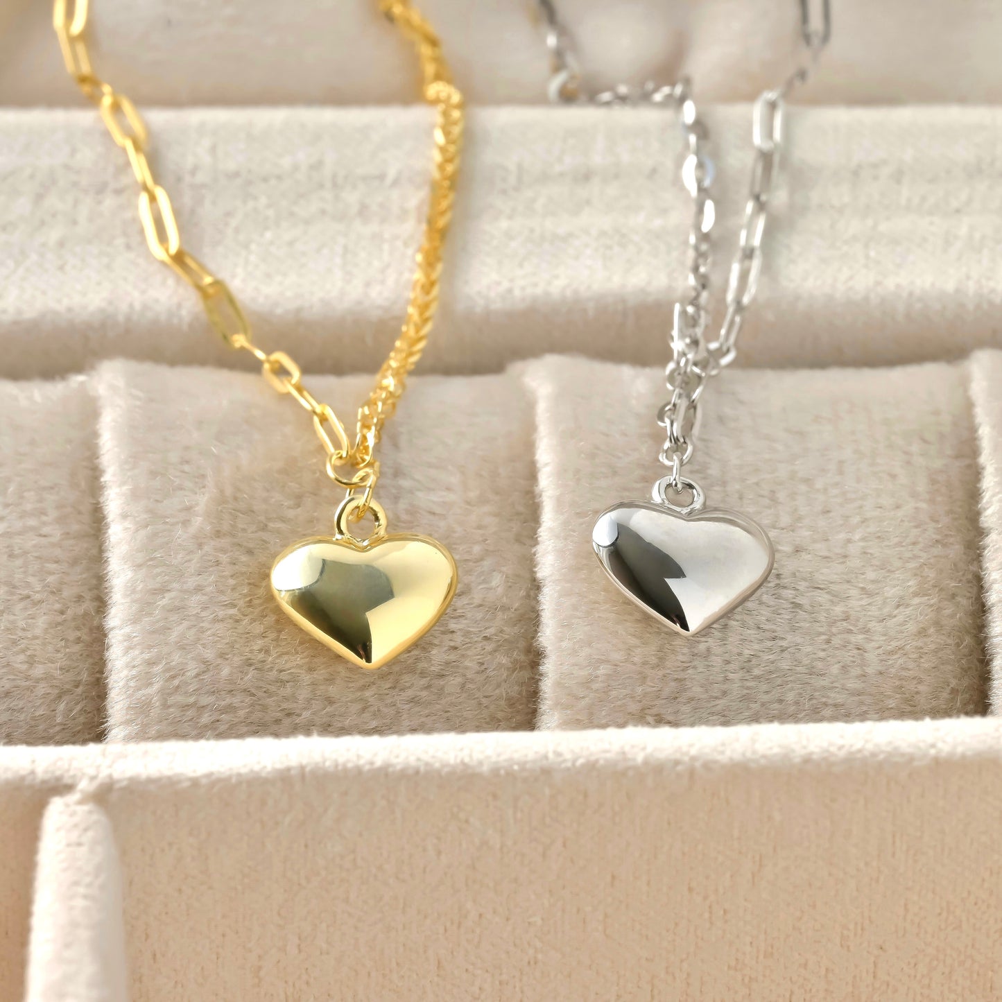 close-up view in a beige jewelry case