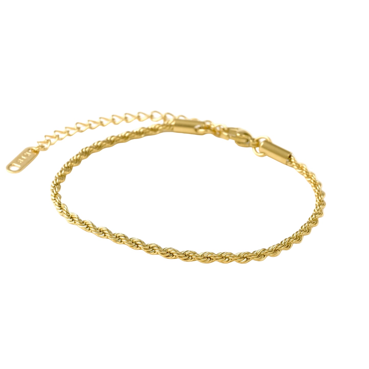 Dainty gold rope bracelet on a white background