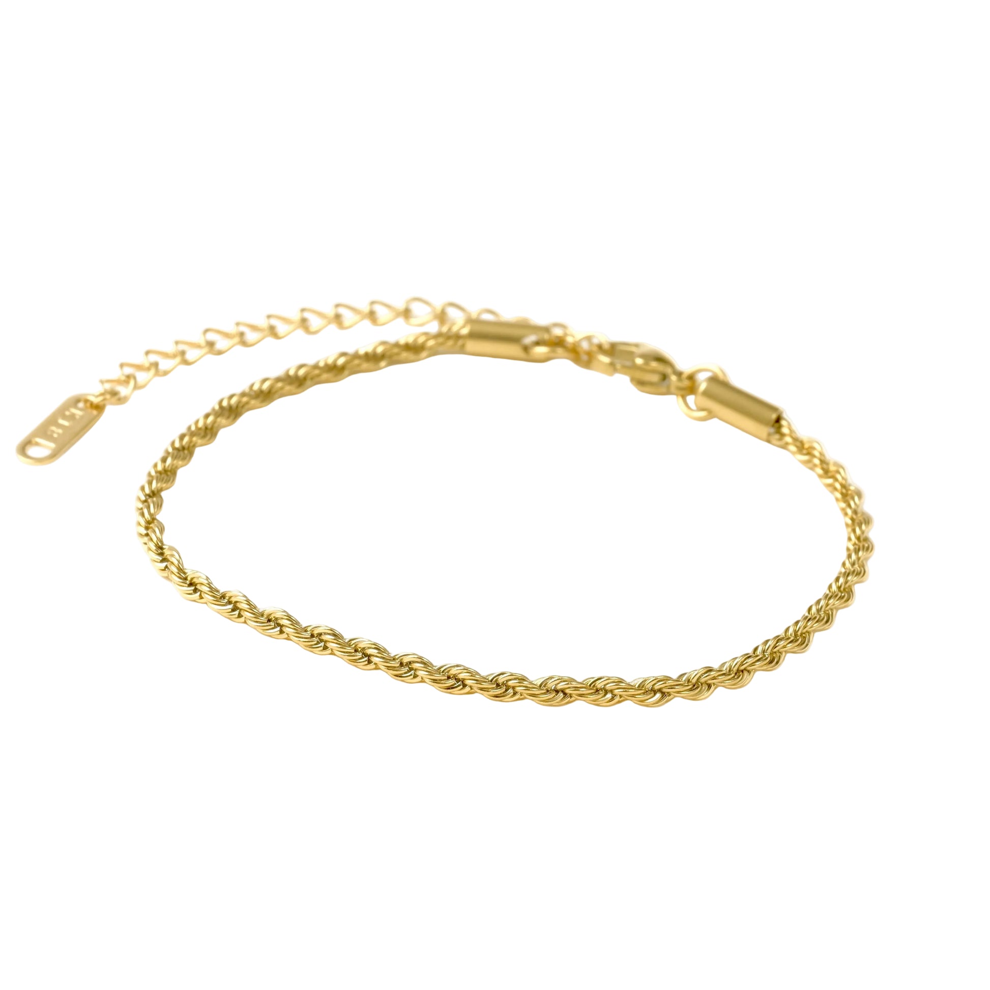 Dainty gold rope bracelet on a white background