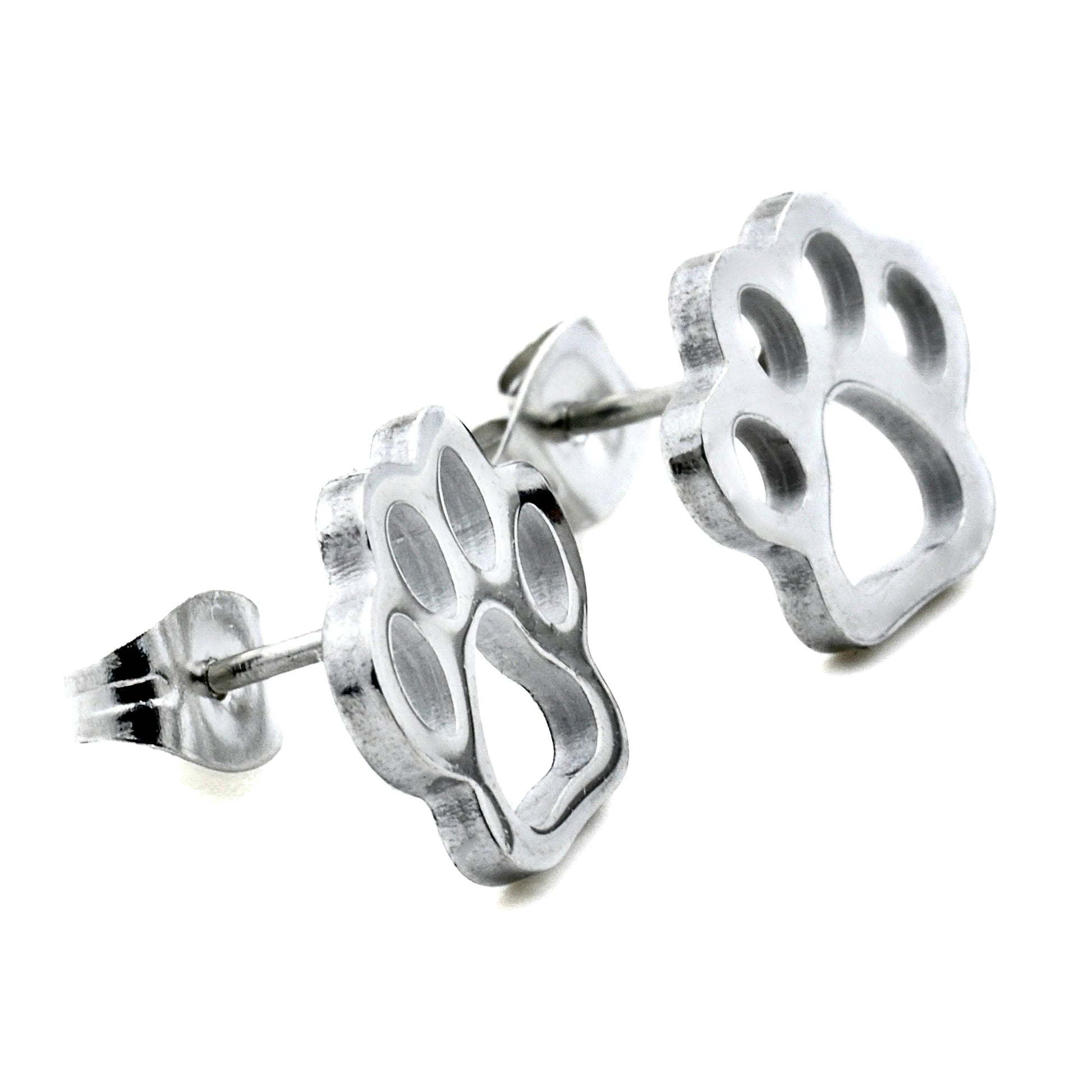Silver paw print  stud earrings on a white background