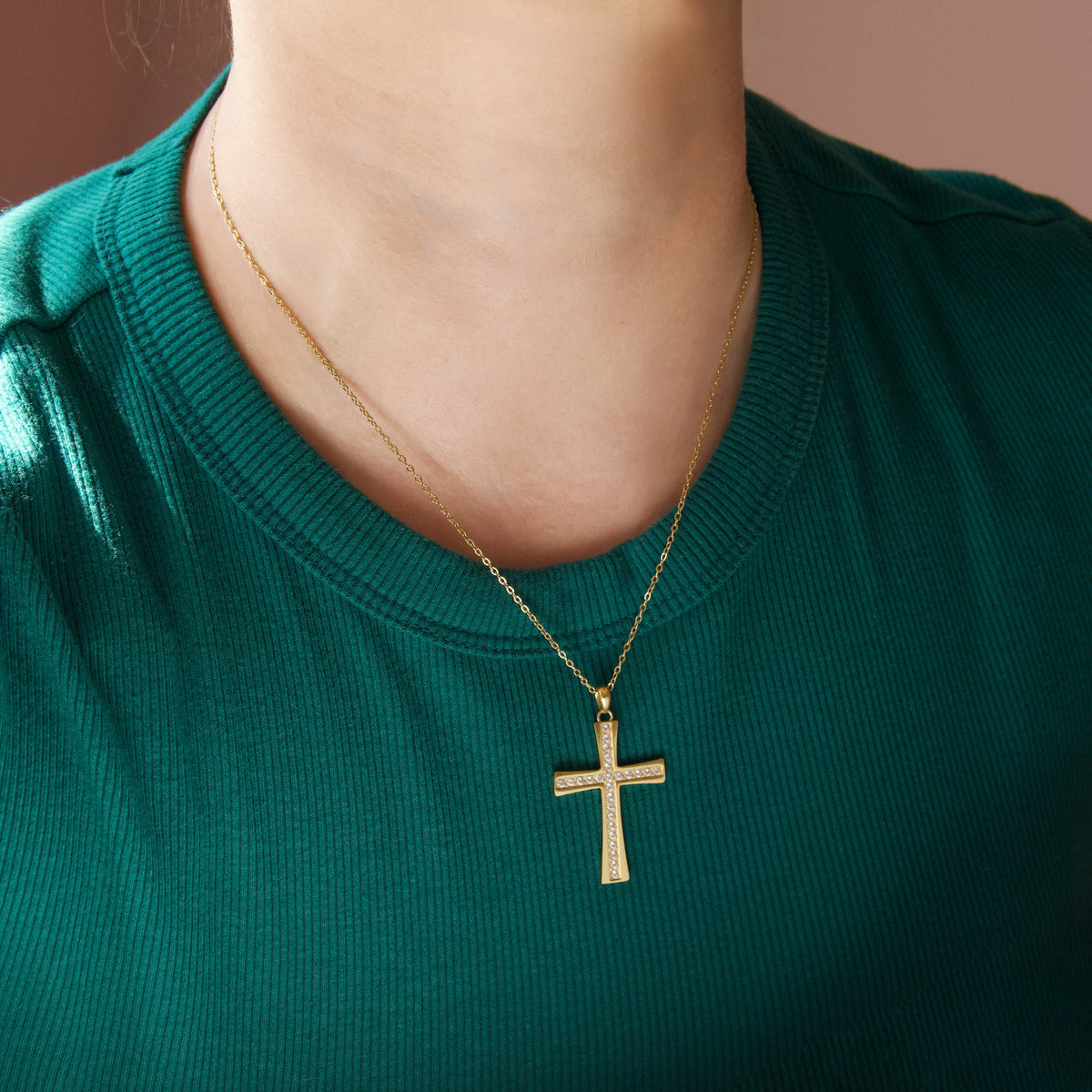 Large Gold CZ Cross Pendant Necklace - Stainless Steel