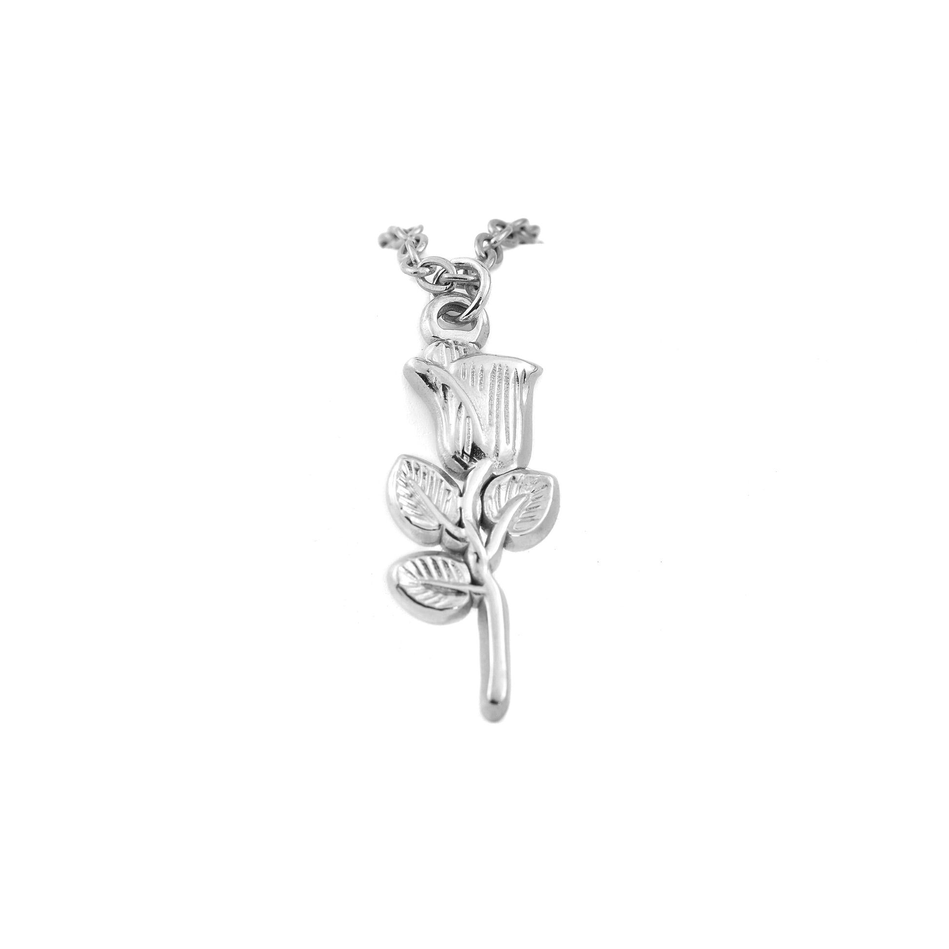 Silver necklace with a rose-shaped pendant on a white background