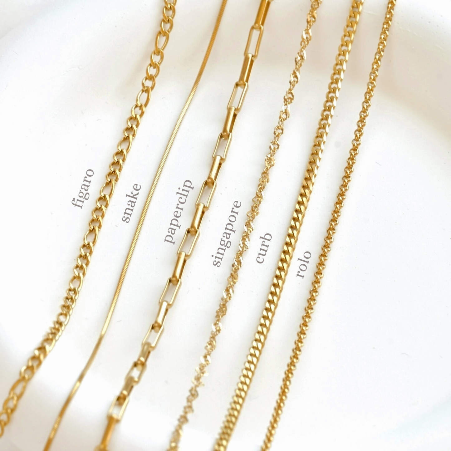 Gold chains: figaro, snake, paperclip, singapore, curb and rolo with their labels on a white background