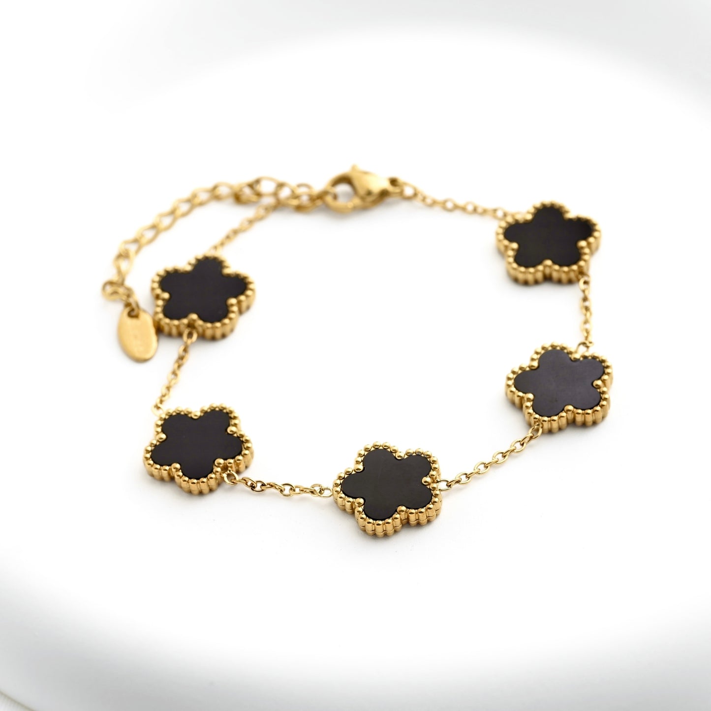 Shell Inlay Milgrain Flower Bracelet - Stainless Steel, Mother of Pearl & Onyx