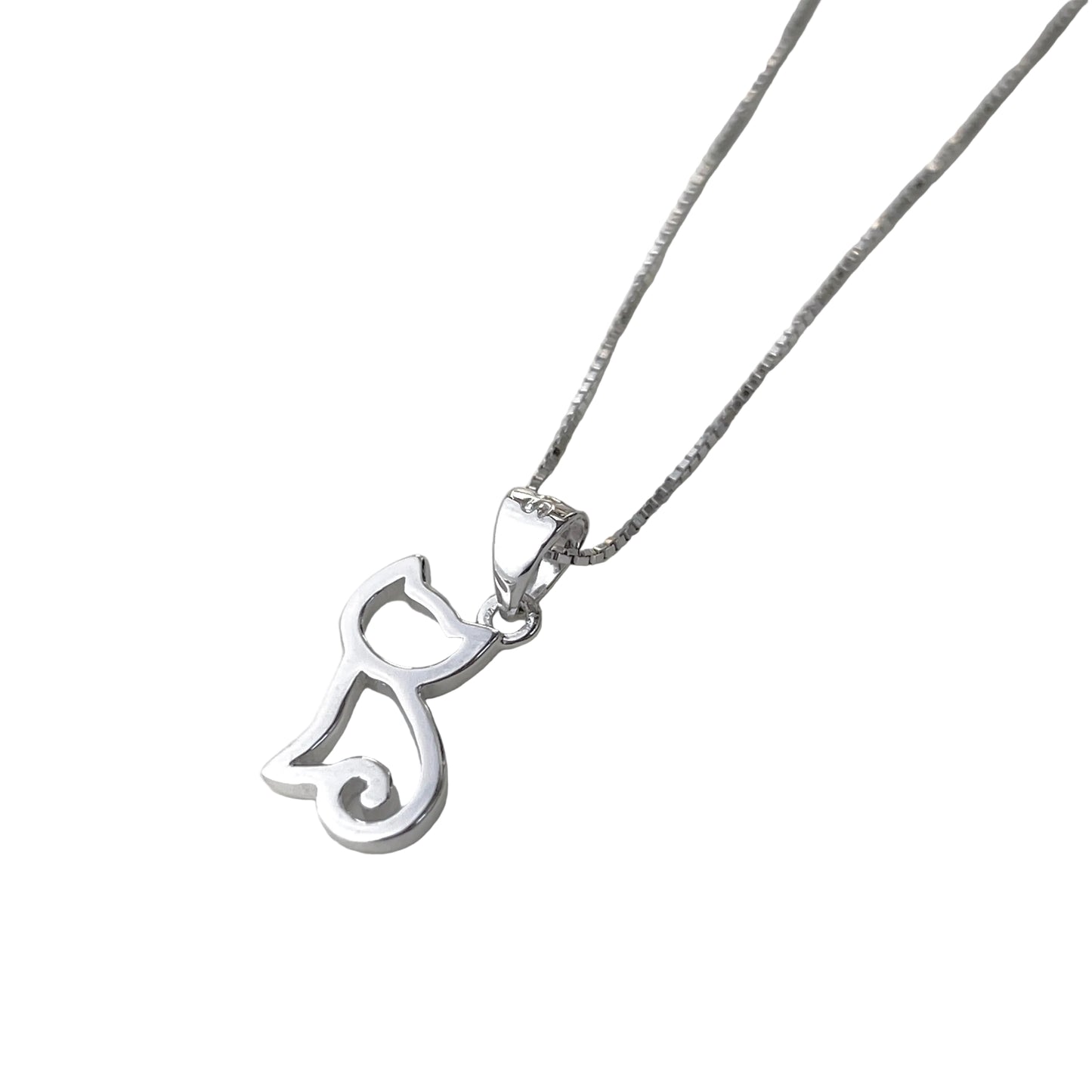 Silver cat-shaped pendant on a chain against a white background