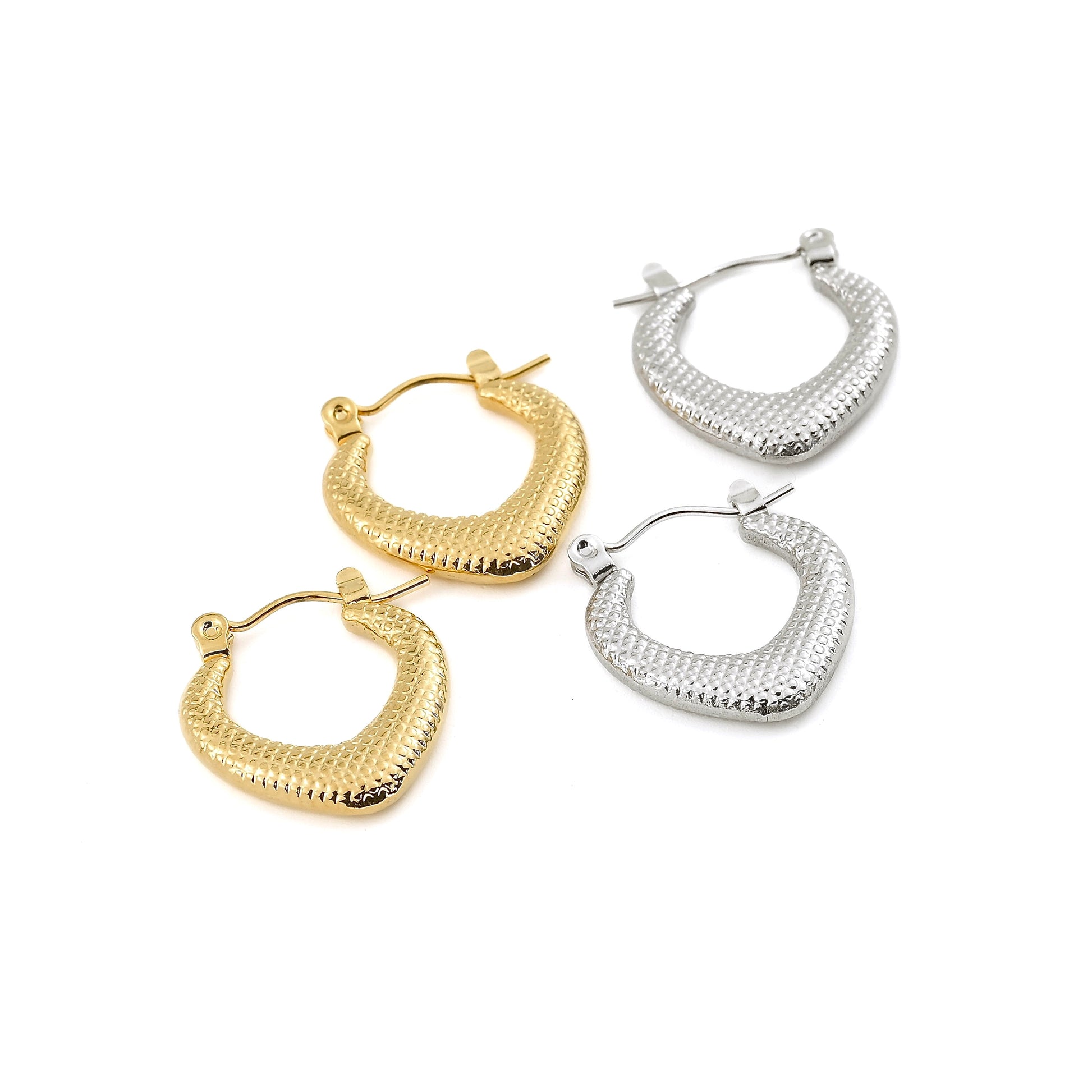 Two pairs of hoop earrings, one gold and one silver with a textured finish, on a white background.