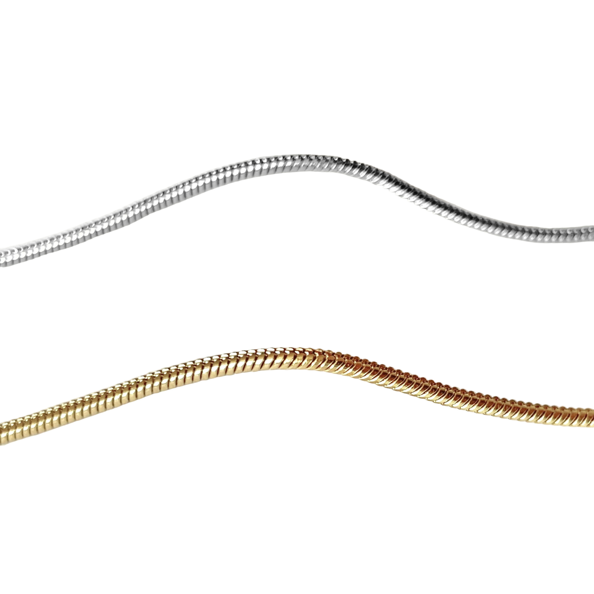 Two snake chains, one gold and one silver positioned horizontally, on a white background.