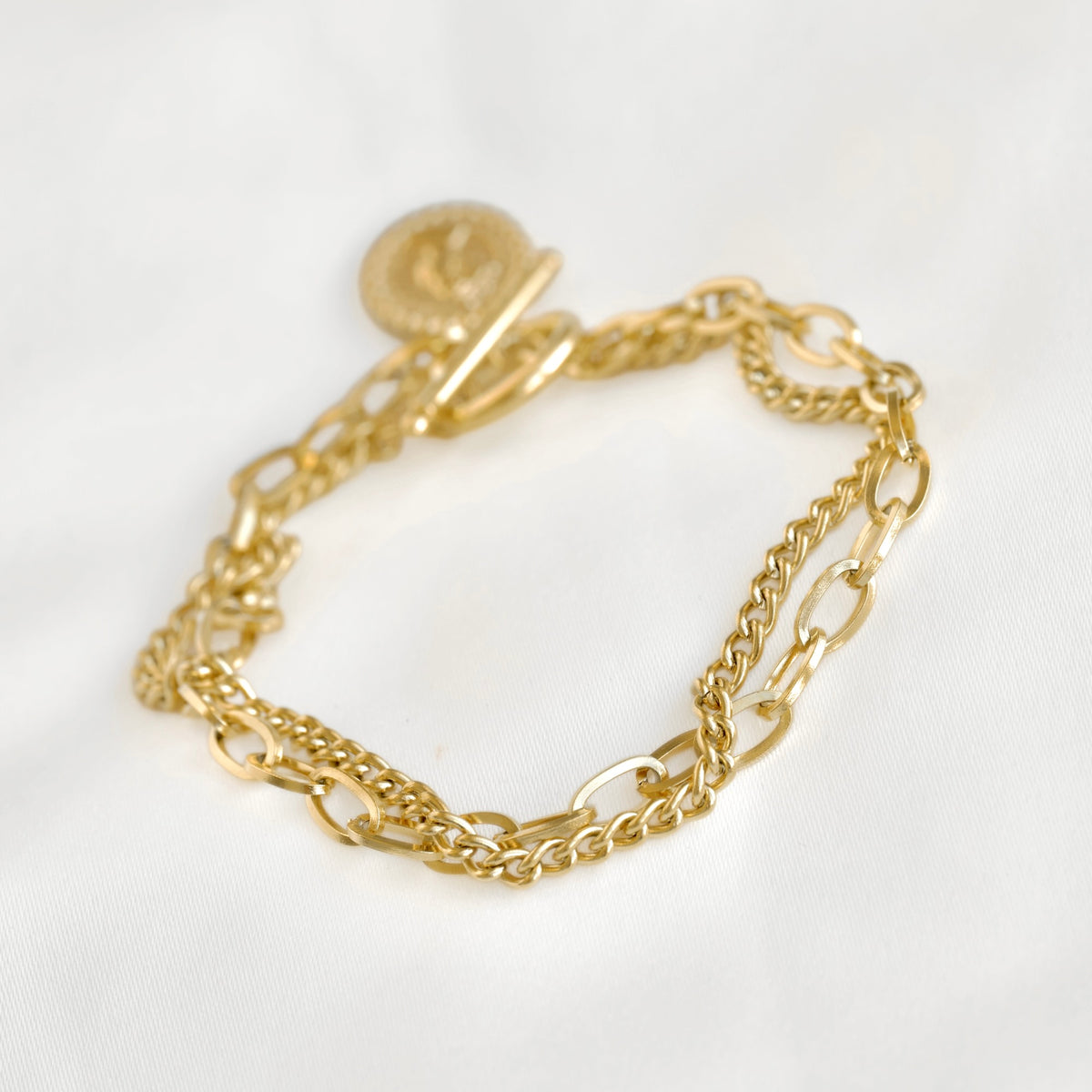 Double Layered Coin Charm Toggle Bracelet - Stainless Steel