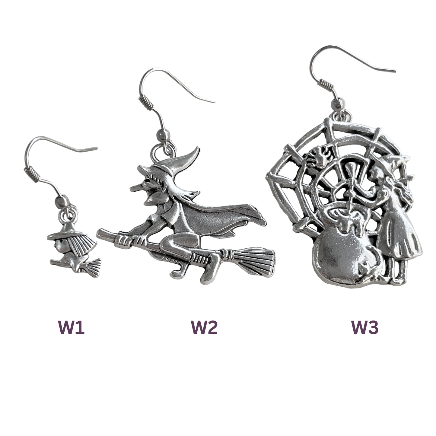 Three  witch-themed dangle earrings on a white background