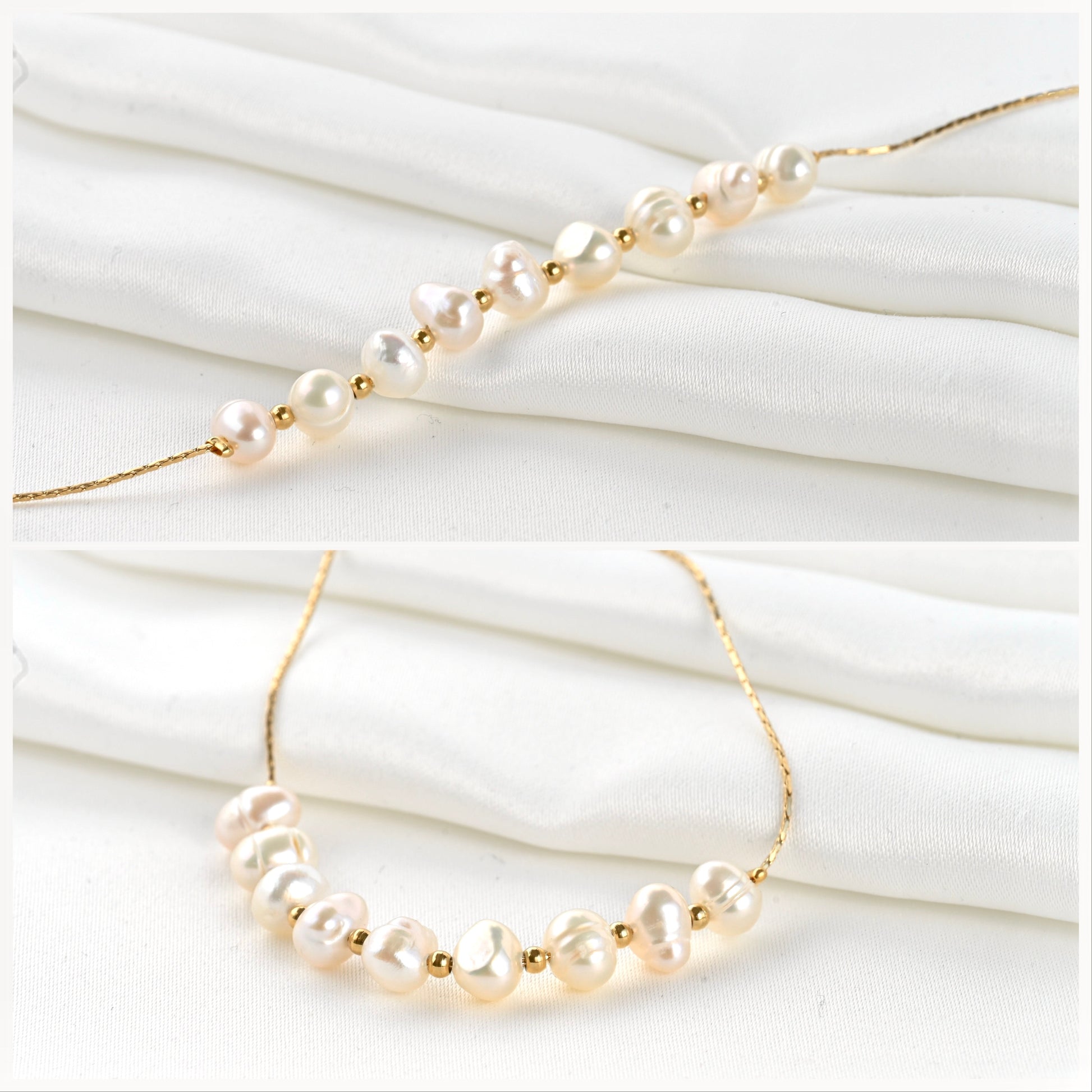 Gold  bracelet with freshwater pearls spaced with gold beads  on a thin sparkle chain on a white fabric background