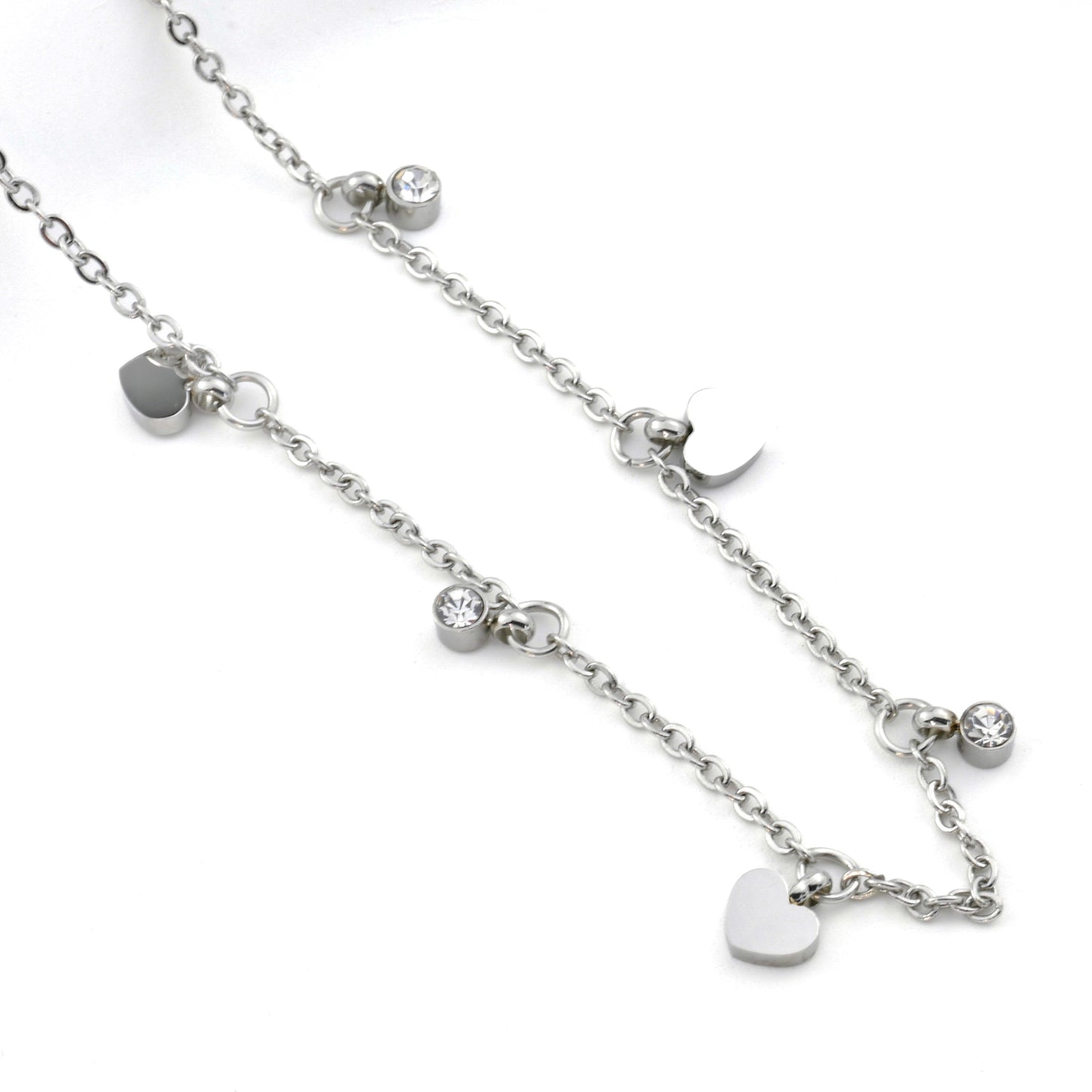 Diamond Heart Anklet, CZ and Heart Charm Ankle Bracelet, Stainless Steel, Waterproof