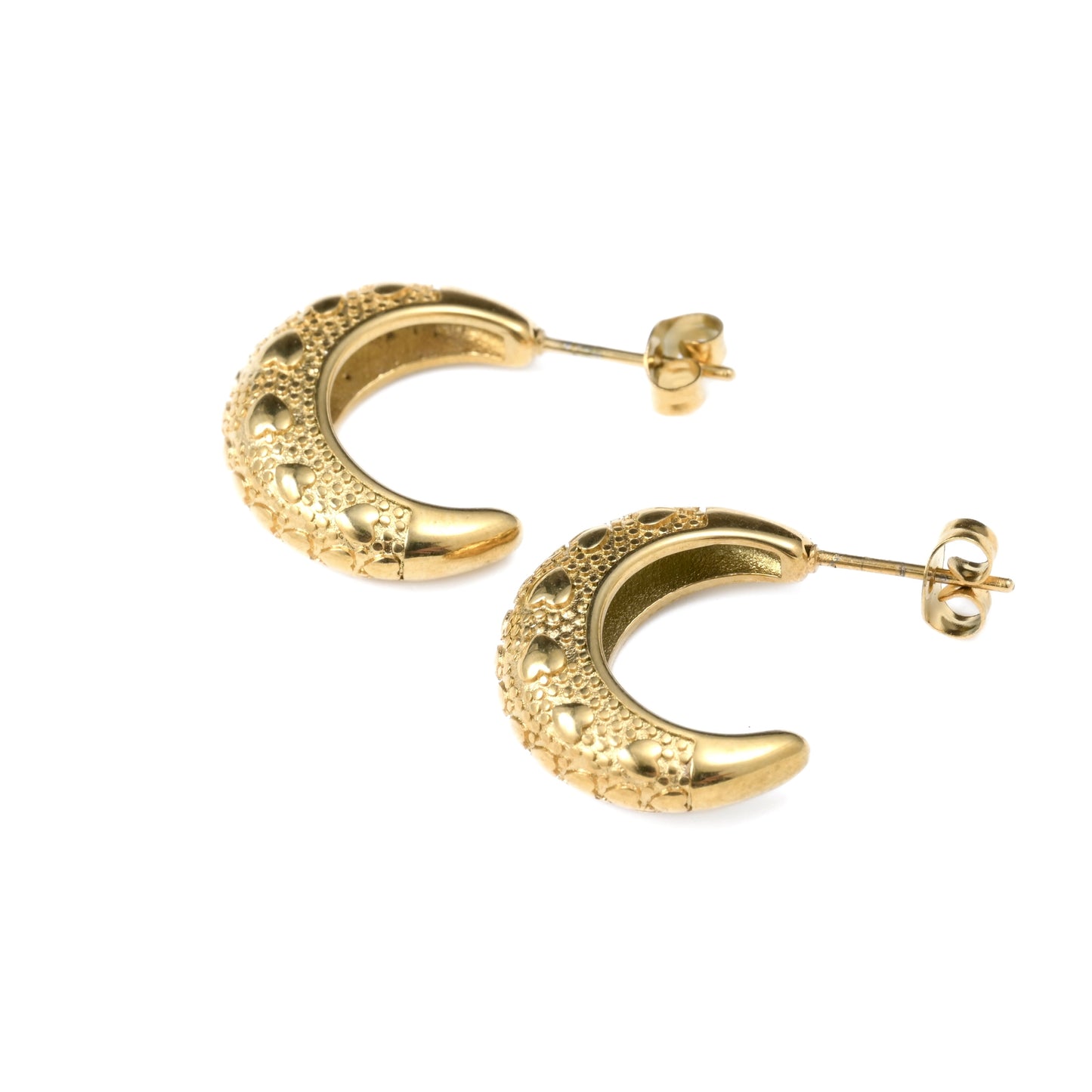 Gold hoop earrings with textured design on a white background