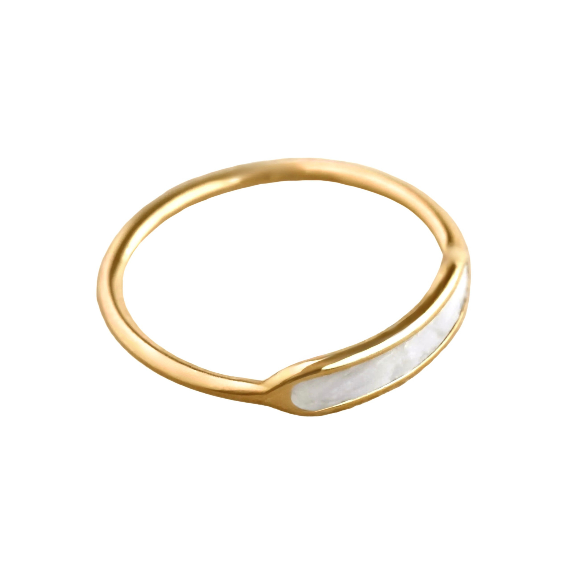 Gold ring with a white stone on a white background