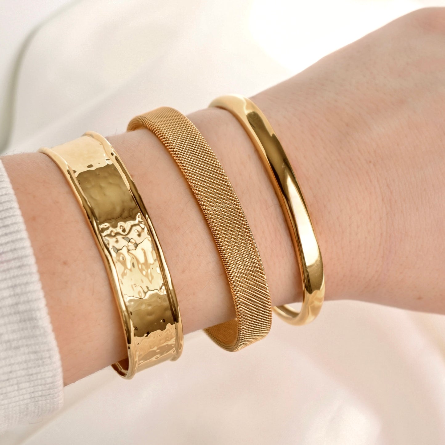 Wide Gold Mesh Cuff Bracelet - Stainless Steel Open Bangle