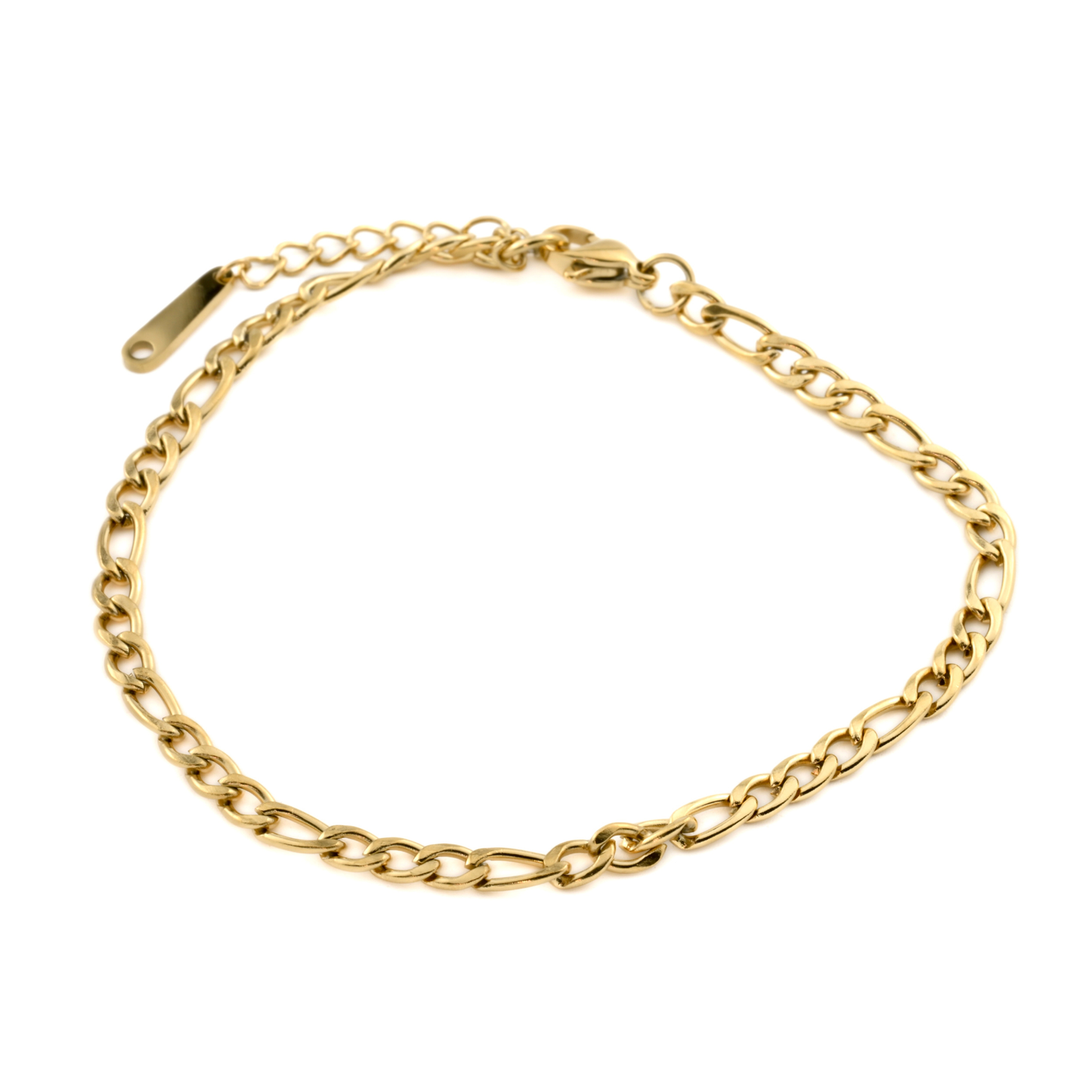 Gold figaro chain bracelet on a white background