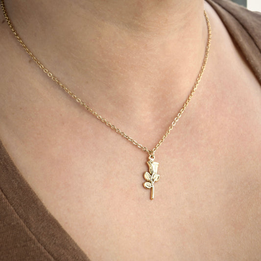 Gold necklace with a rose pendant on a person wearing a brown top.