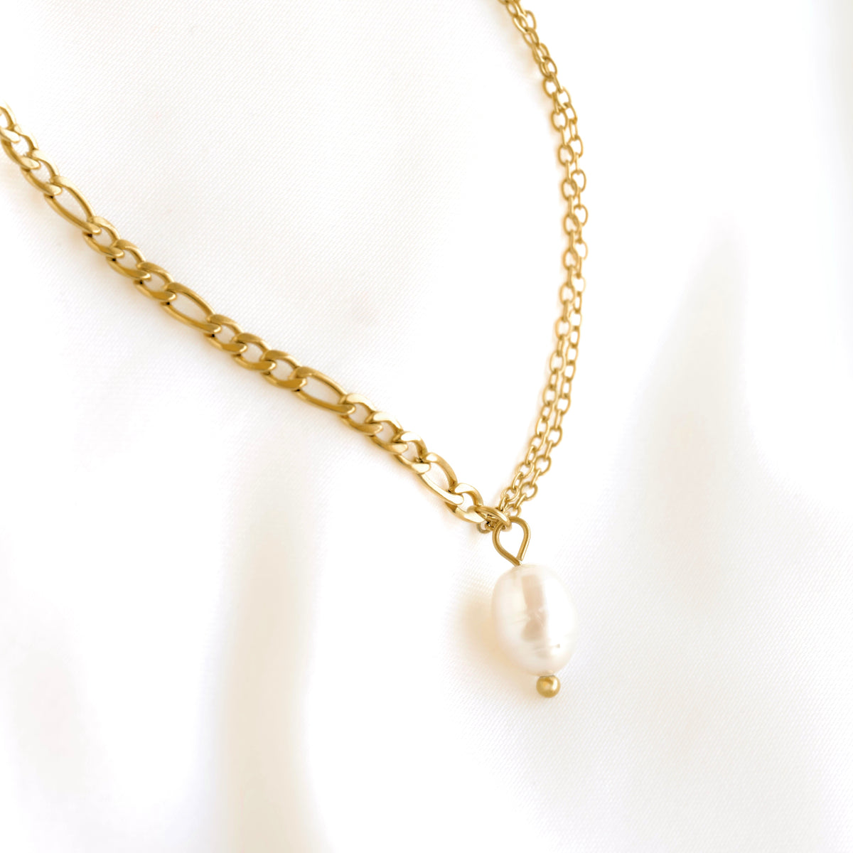 Mixed Chain Pearl Necklace - Stainless Steel Figaro & Cable