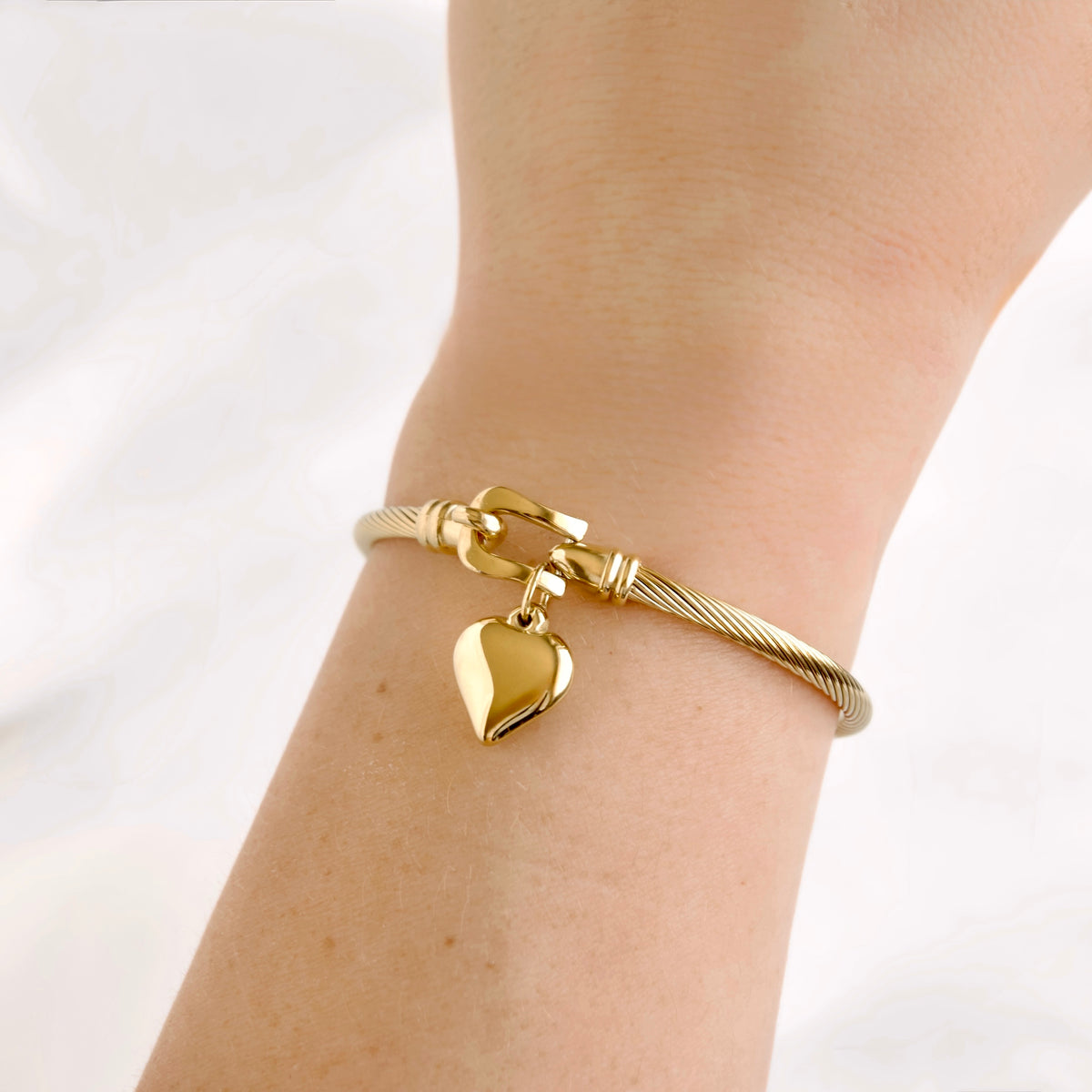 Gold Puffy Heart Rope Bangle - Waterproof Stainless Steel