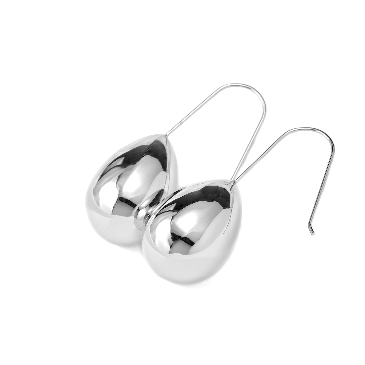 Pair of silver teardrop earrings on a white background