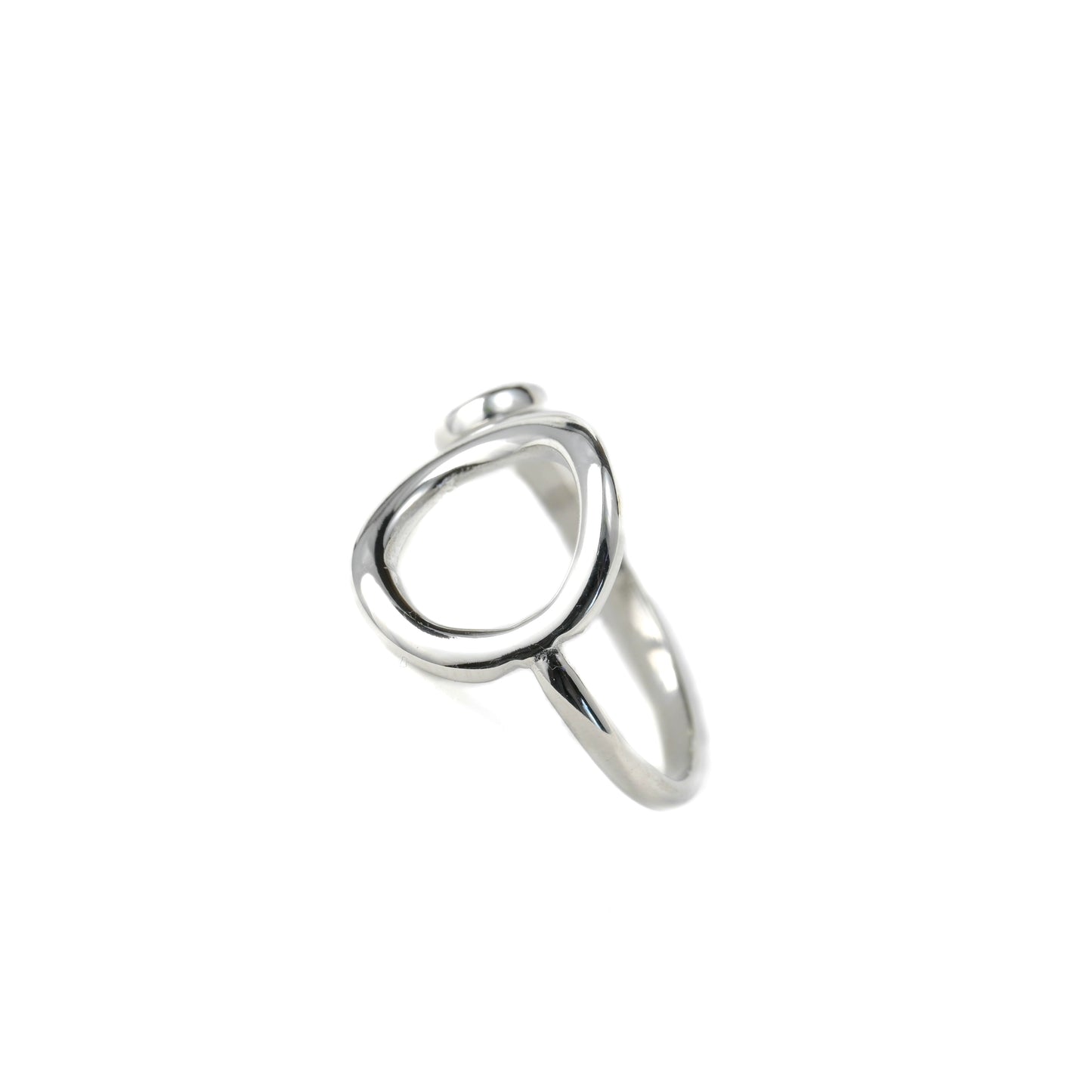 Silver ring with a circle-shaped open design on a white background
