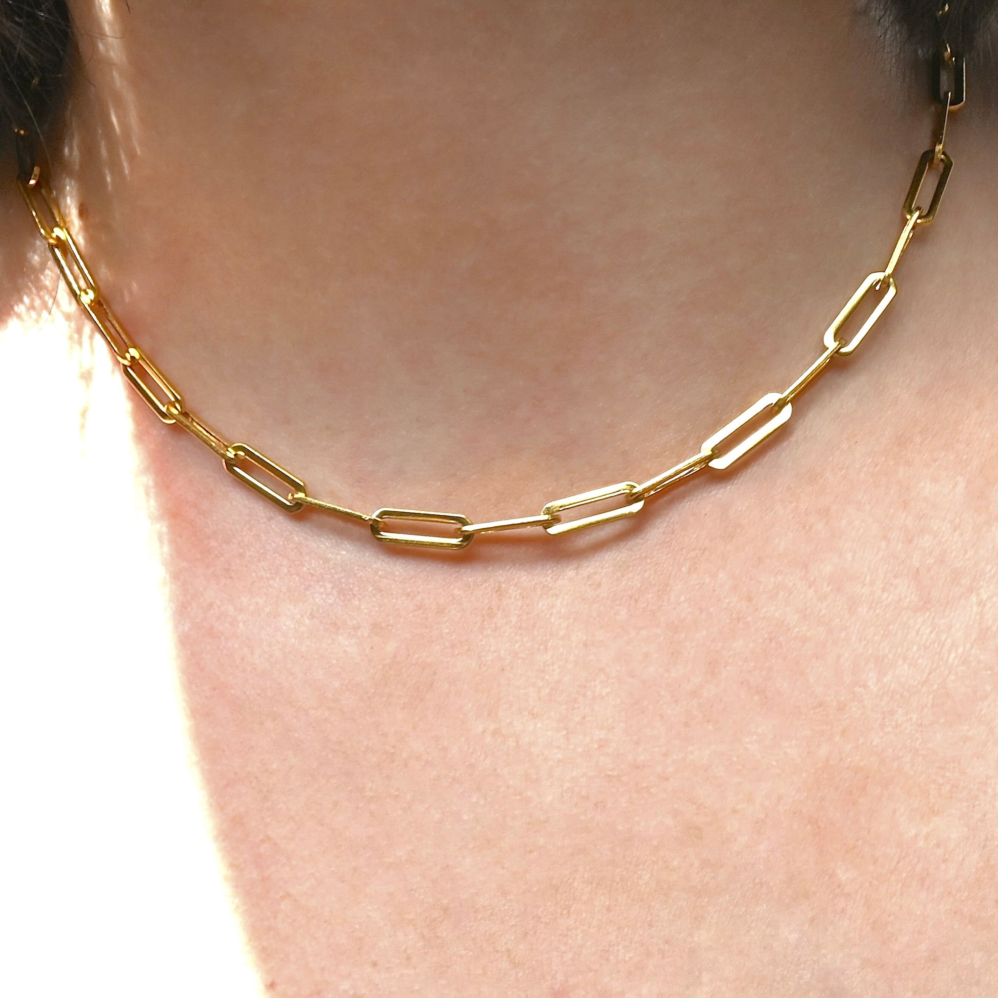 Gold paperclip necklace on a person's neck under direct sunlight