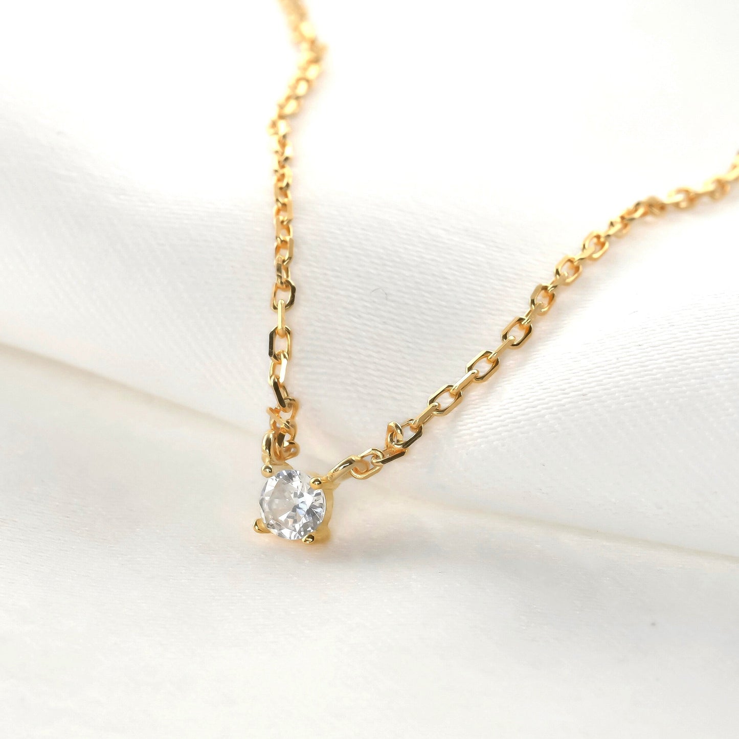 925 Sterling Silver Diamond Charm Necklace, Gold Plated, Teardrop Solitaire Chevron Charms