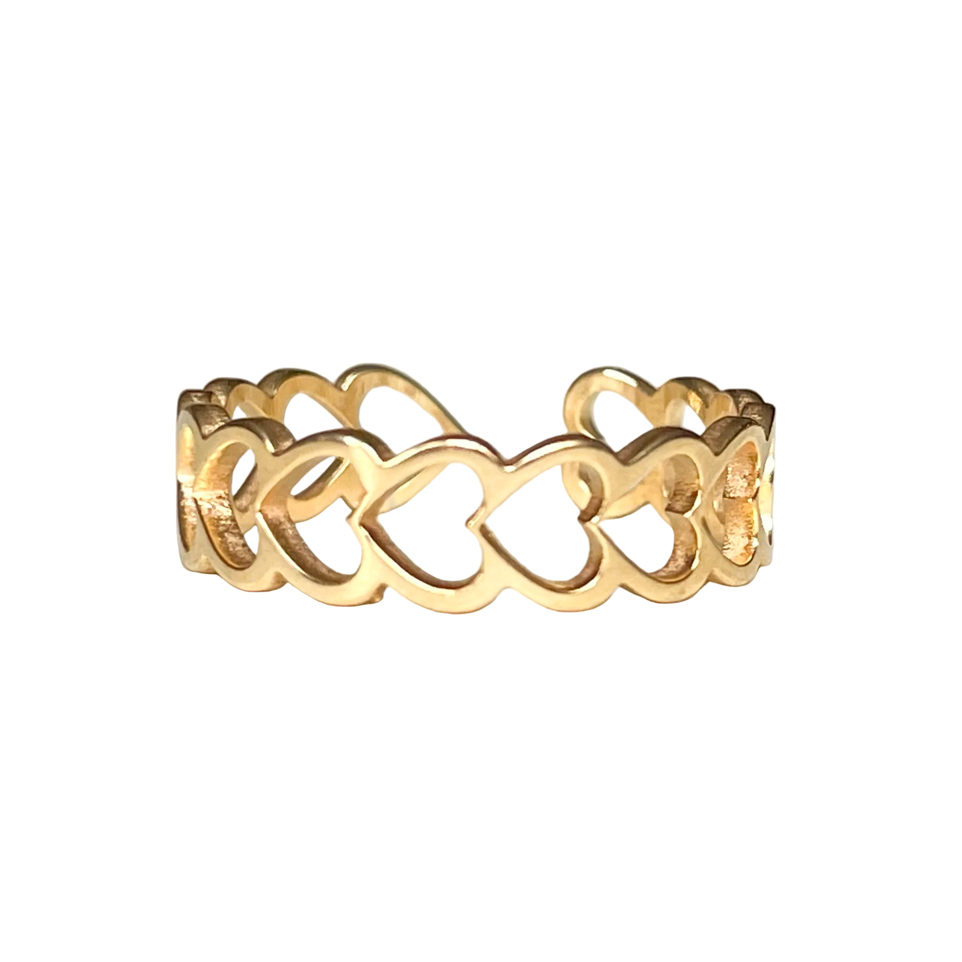 Front view of gold ring with cutout heart designs and open back on a white background