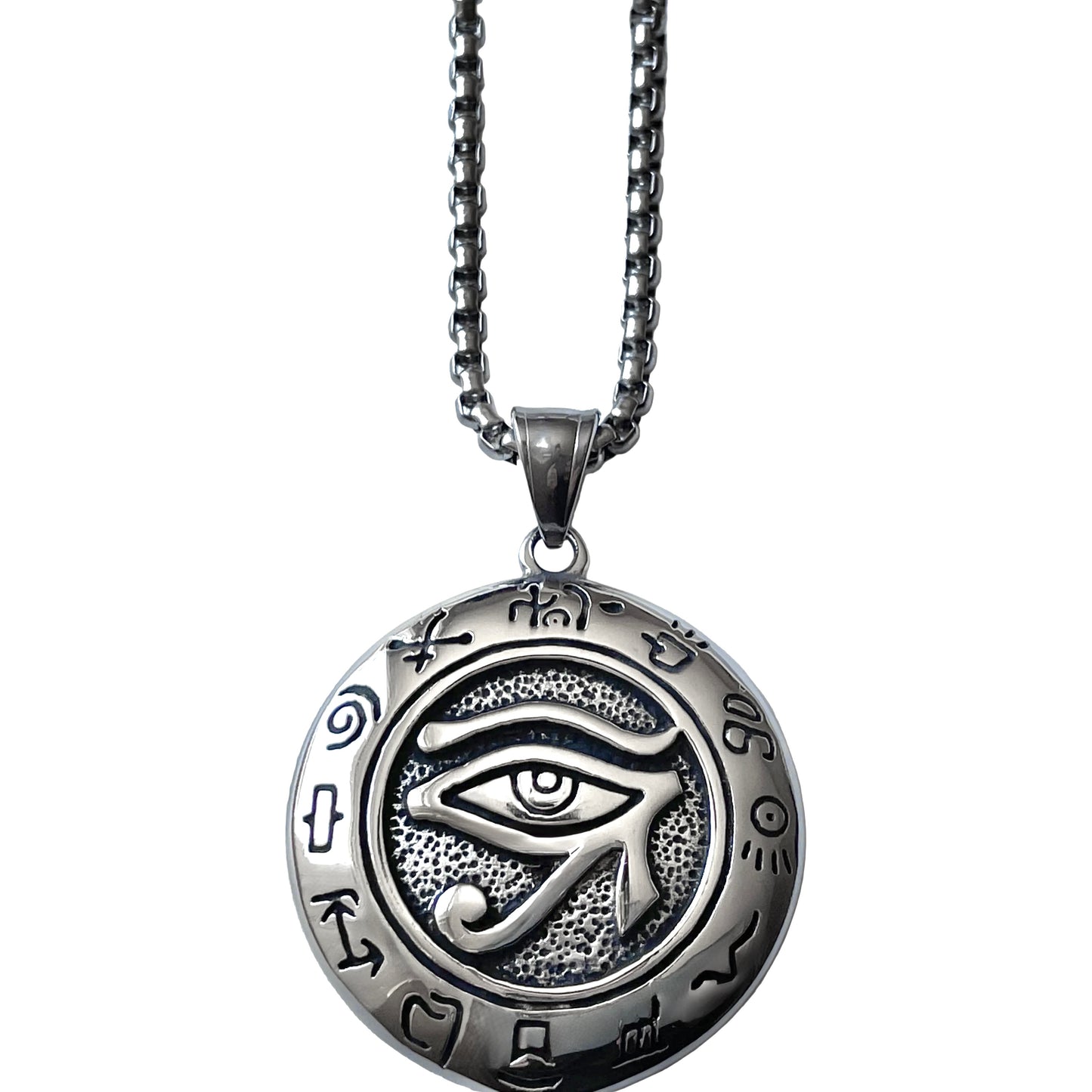 Men's silver eye pendant necklace on a rounded box chain on a white background