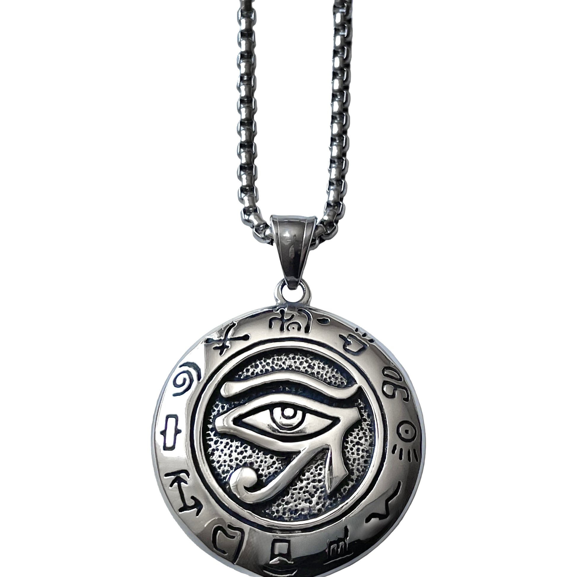Men's silver eye pendant necklace on a rounded box chain on a white background