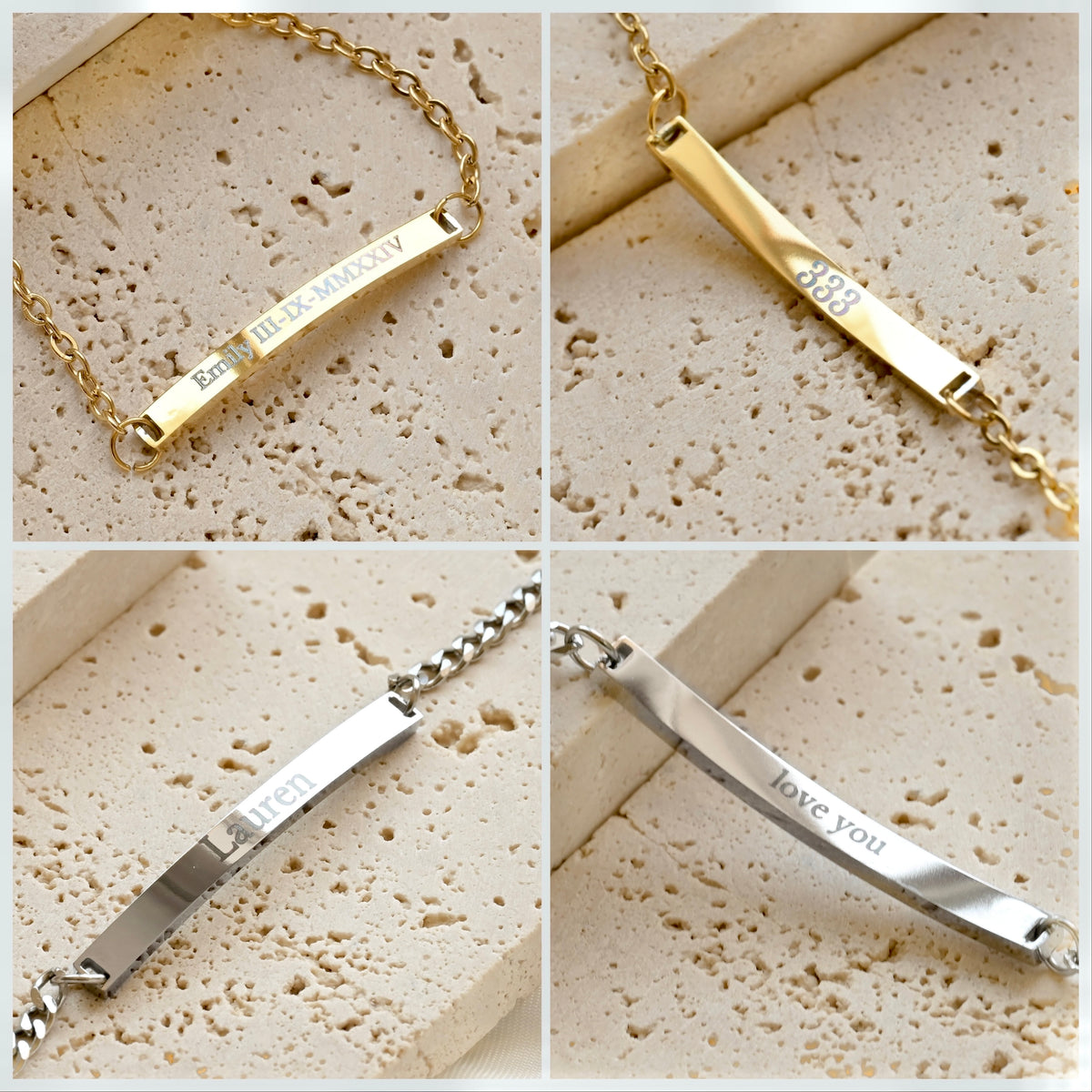 Four-panel collage showing two bar bracelet styles: a gold chain bar engraved with 'Emily' & a date in roman numerals and the back side with '333' ; a silver chain bar engraved with 'Lauren' on the front and 'love you' on the back. Each bracelet is displayed on a textured beige stone surface.