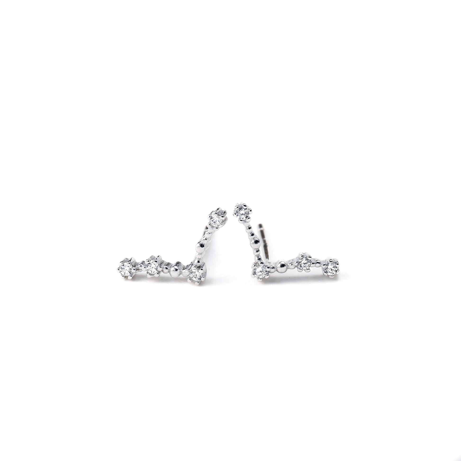 Pair of silver earrings with small diamonds on a white background