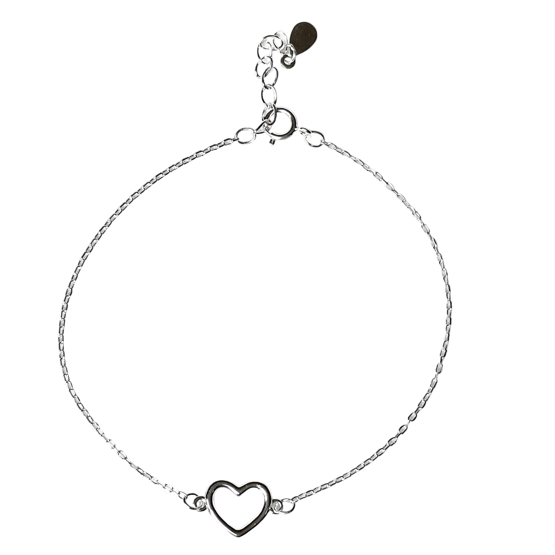 Silver heart-shaped bracelet on a white background