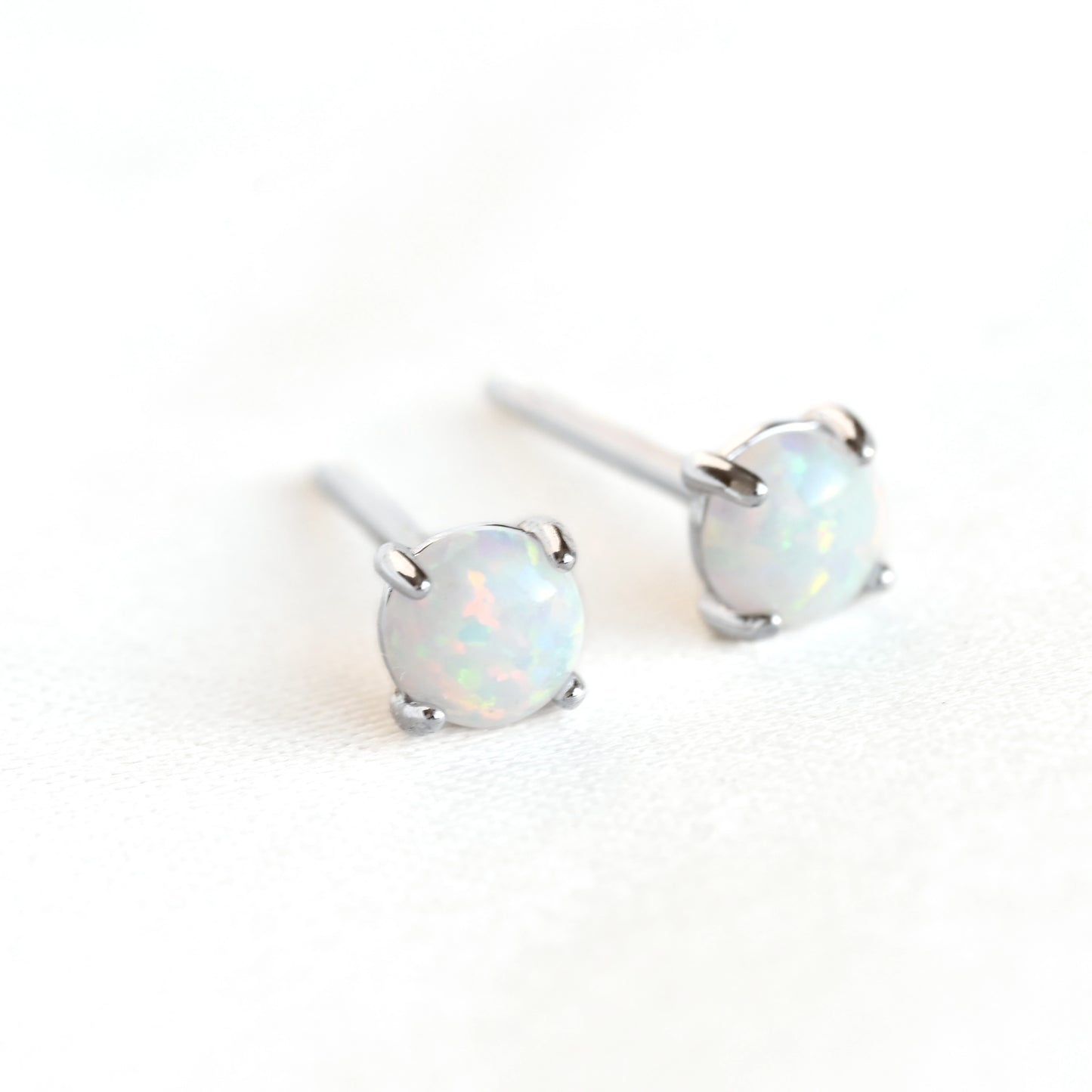 Round Opal Stud Earrings - 925 Sterling Silver