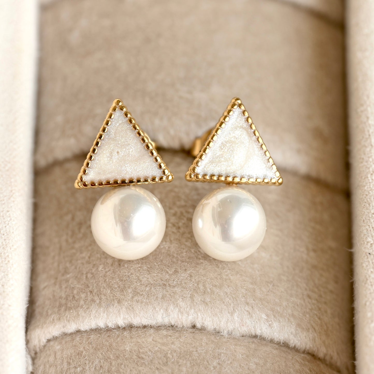 Milgrain Triangle Pearl Earrings - Stainless Steel