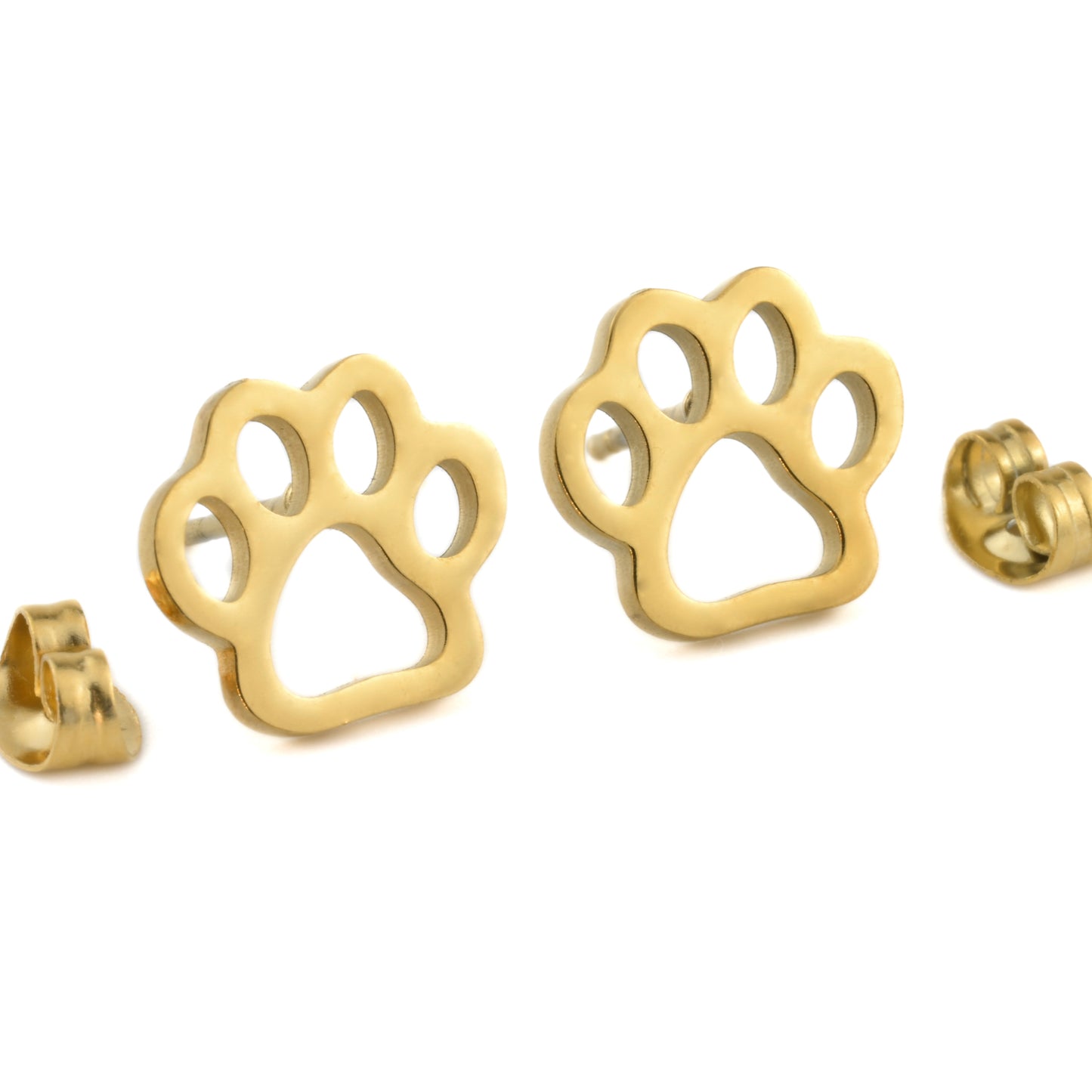 Front view of gold paw print studs and their butterfly back on the side on a white background