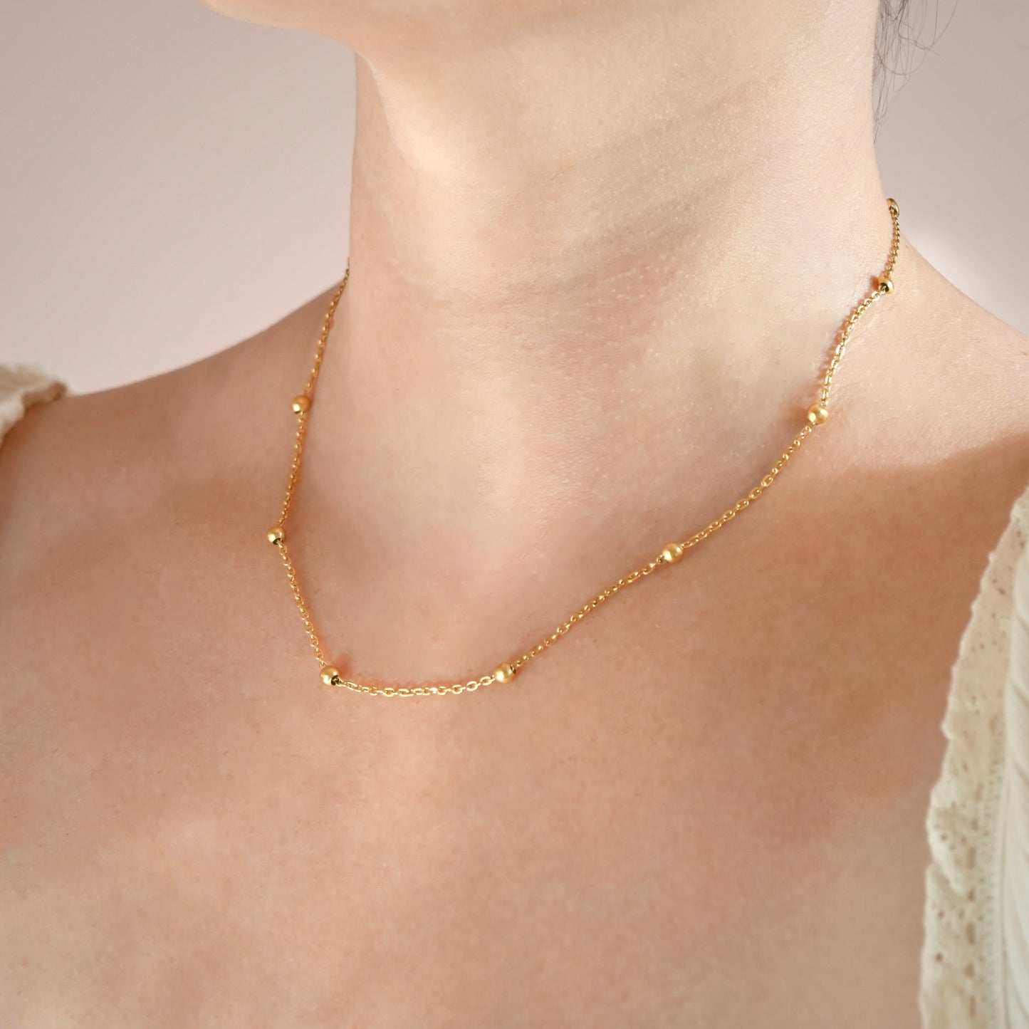 Satellite Chain Necklace - Beaded Gold Necklace for Stacking, Stainless Steel, 16"