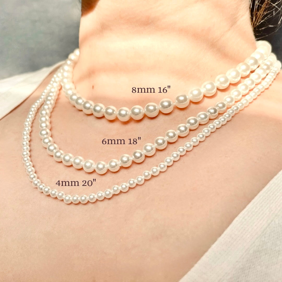 Three pearl necklaces of different  pearl sizes (4mm, 6mm and 8mm) and lengths (16 inches, 18 inches and 20 inches) worn on a person's neck with measurements displayed.