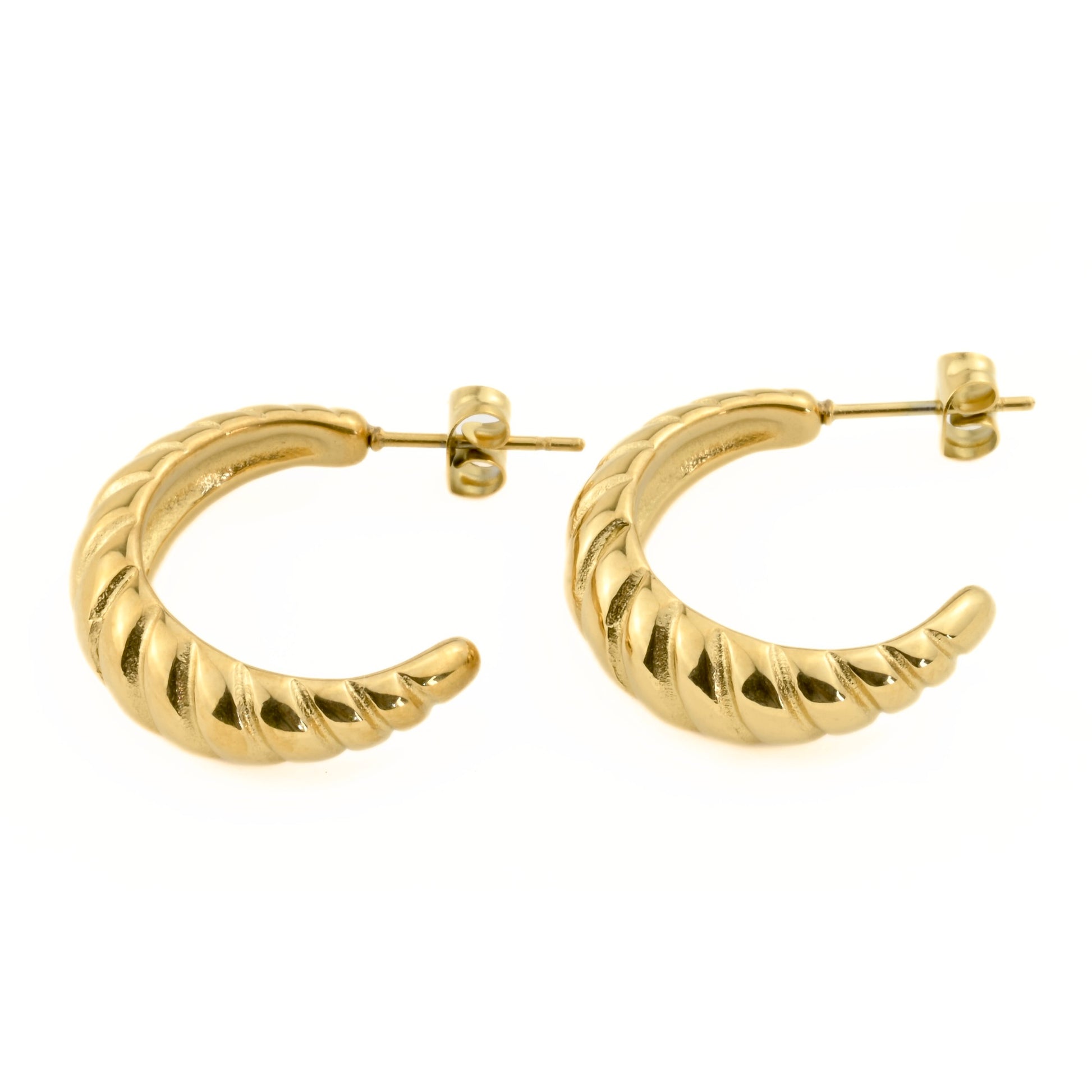 Gold thin croissant hoop earrings on a white background