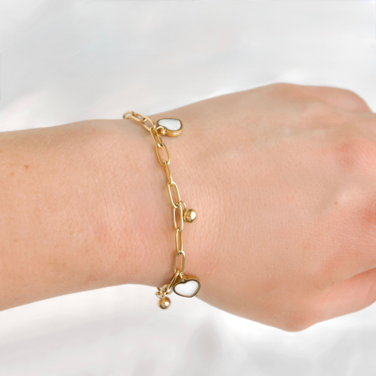 Gold Shell Inlay Paperclip Heart Bracelet - Stainless Steel